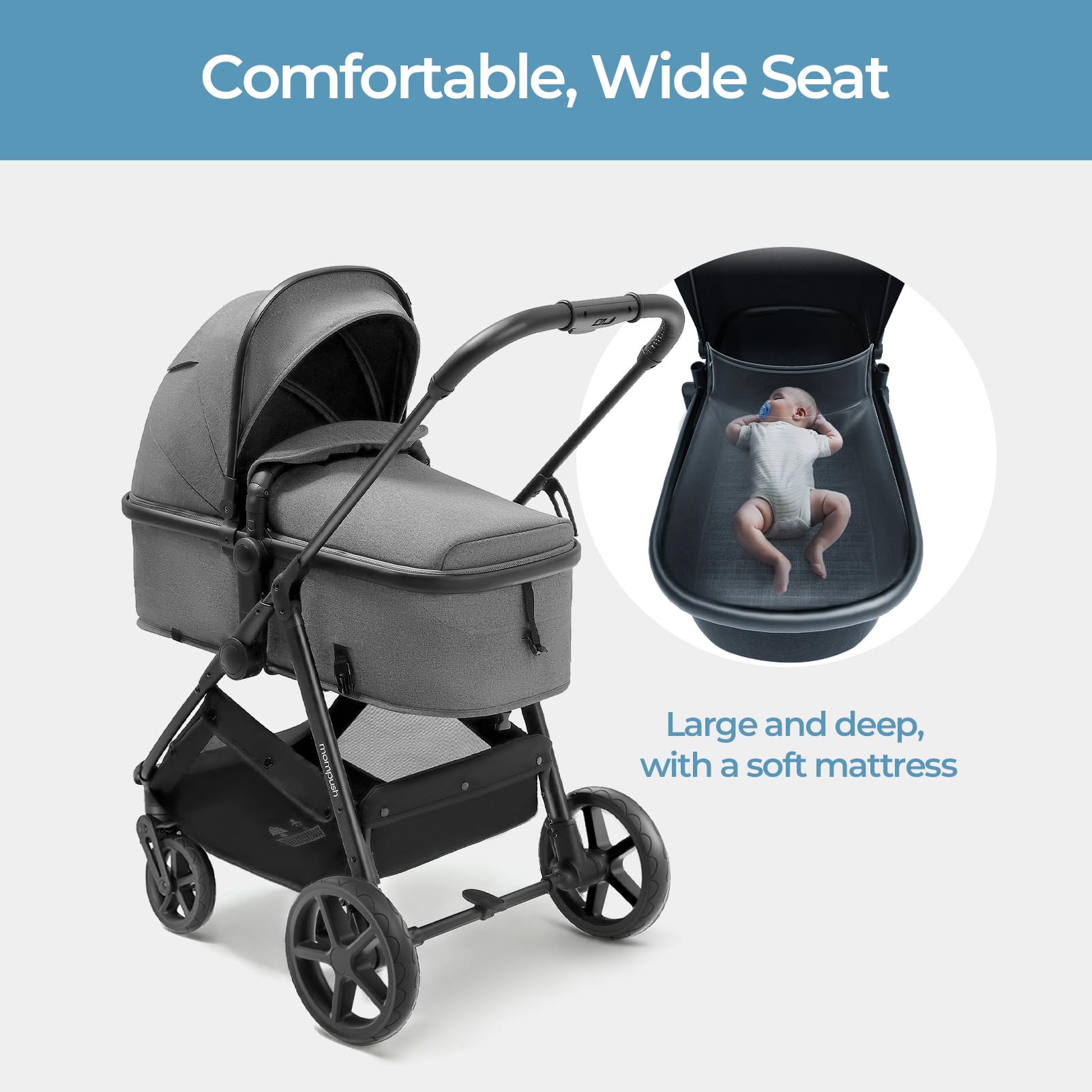 Mompush Wiz 2-in-1 Convertible Baby Stroller with Bassinet & Reversible Seat, Foldable Lightweight Infant Stroller with Large UPF 50+ Canopy - Perfect for Newborns, Travel & Everyday Use