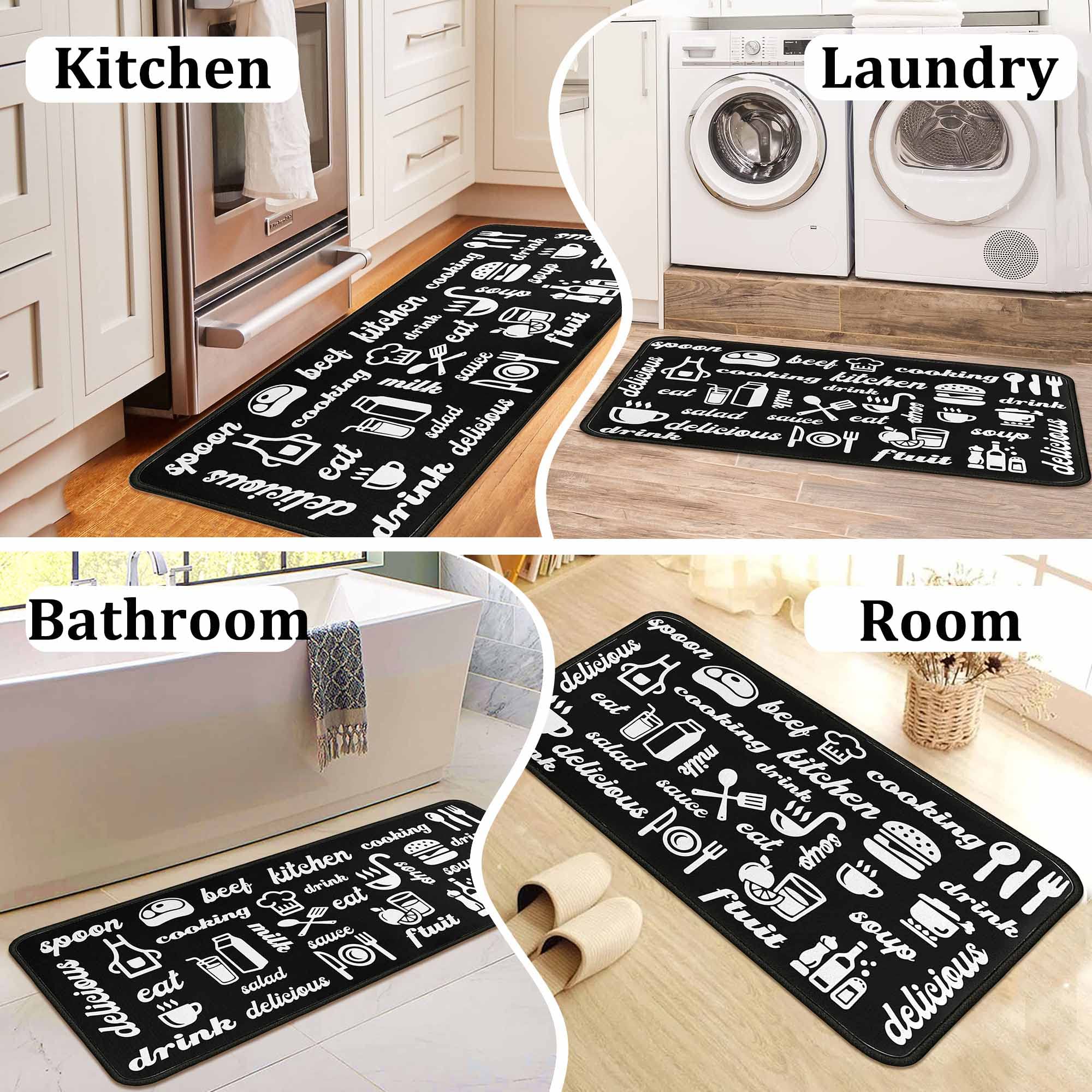 Black Kitchen Rugs Set of 2 - Non-Slip Washable Kitchen Floor Mats & Doormat Runner Rug - 17