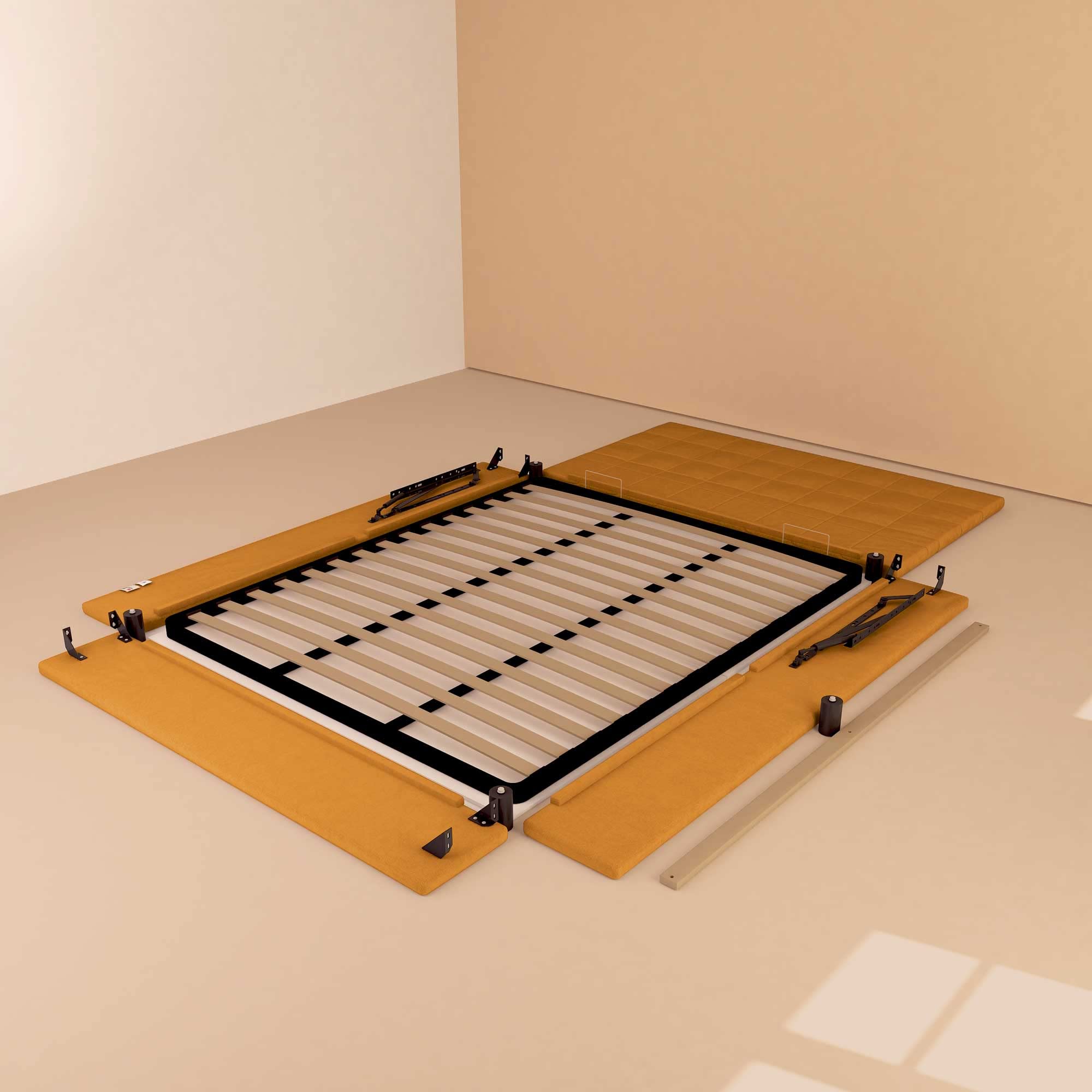 Baldiflex Dublin Fabric Double Bed Frame with Storage, Slatted Base for Single Mattresses, 140 x 190 cm, Elegant Headboard in Mango Color - Perfect for Small Bedrooms & Guest Rooms