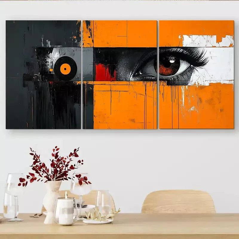 3-Piece Bold Abstract Street Art Eye Vinyl Records Wall Art Set - Framed Canvas 50x70cm - High Quality Print - 100% Australian Made - Ready to Hang - Perfect for Living Room, Bedroom & Office Decor