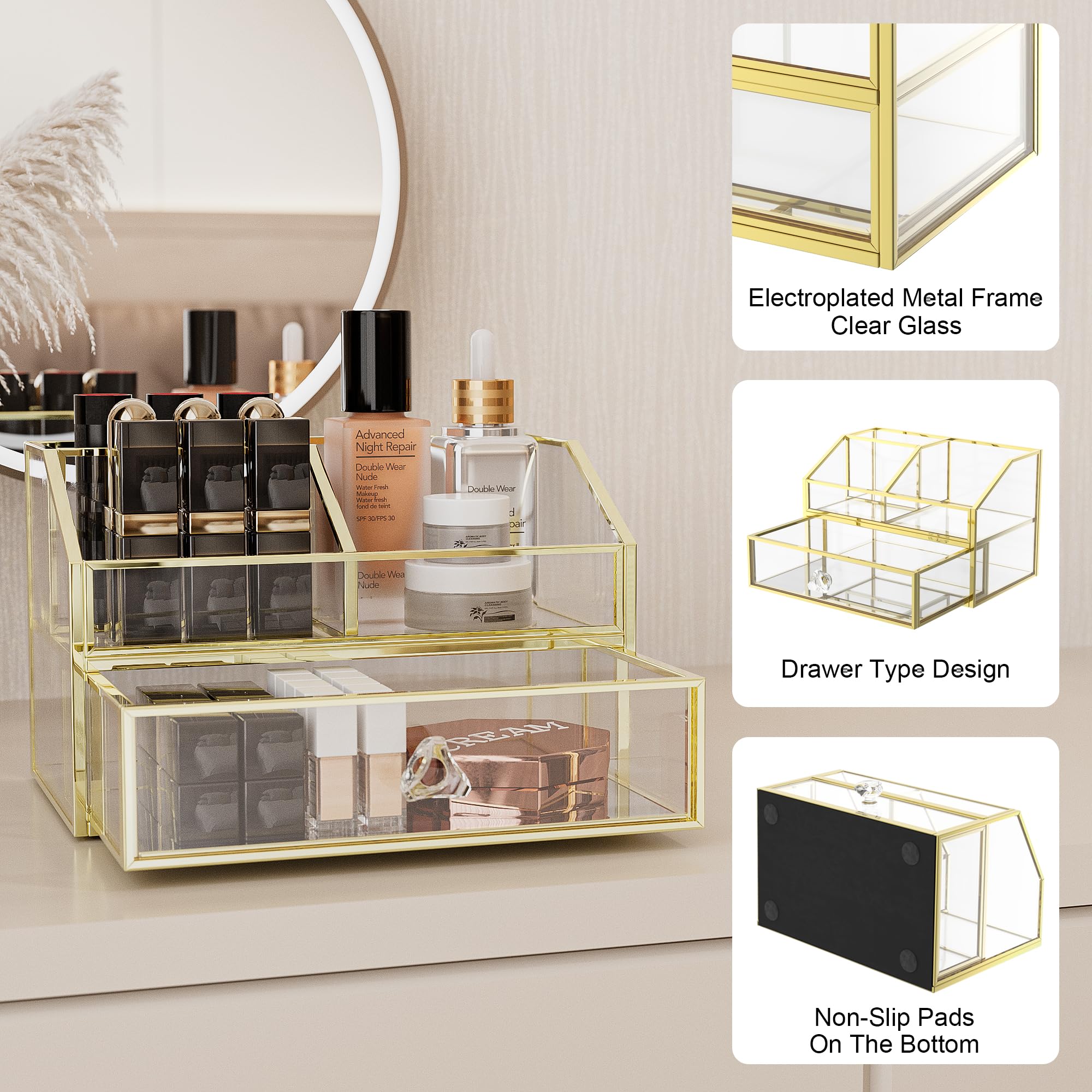 Clear Glass Makeup Organizer for Vanity & Jewelry - Bathroom & Dresser Storage