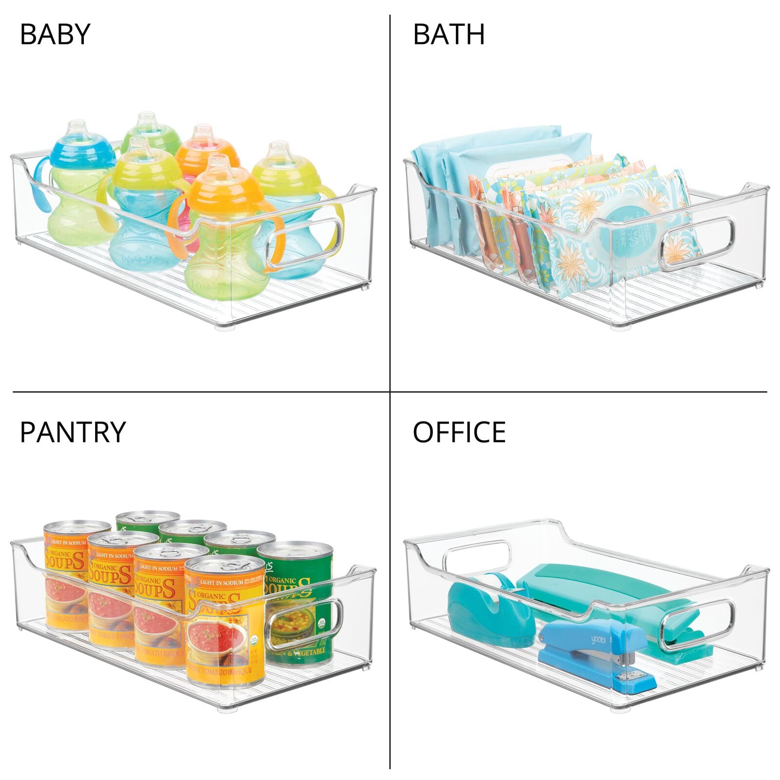 mDesign Clear Plastic Kitchen Storage Bins with Handles - 4 Pack Pantry Organizer for Food, Fruits, Yogurt & Squeeze Pouches - Cabinet, Refrigerator & Freezer Storage Solutions - Perfect for Kitchen Organization & Space Saving
