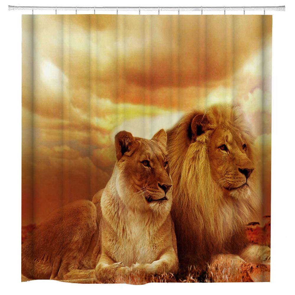 African Lion Couple Fabric Shower Curtain Set - Waterproof Washable Bathroom Decor with Hooks 72x72 Inches (Brown/Yellow) - Perfect for Jungle Theme Bathrooms, Kids' Rooms & Safari Decor