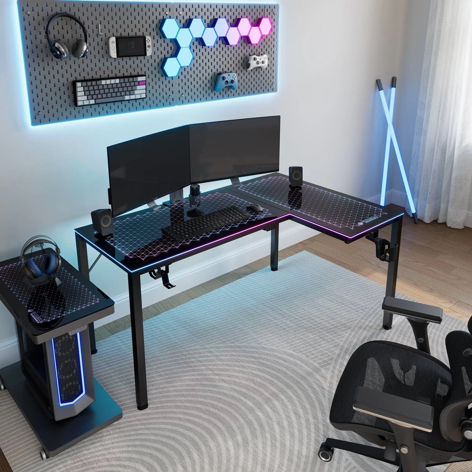 GTG L60 L-Shaped Glass LED Gaming Desk - 60x40 Inches, Modern Ergonomic Computer Desk for PC & Console Gamers - Perfect for Home Office, Streaming Setup & Esports Gaming