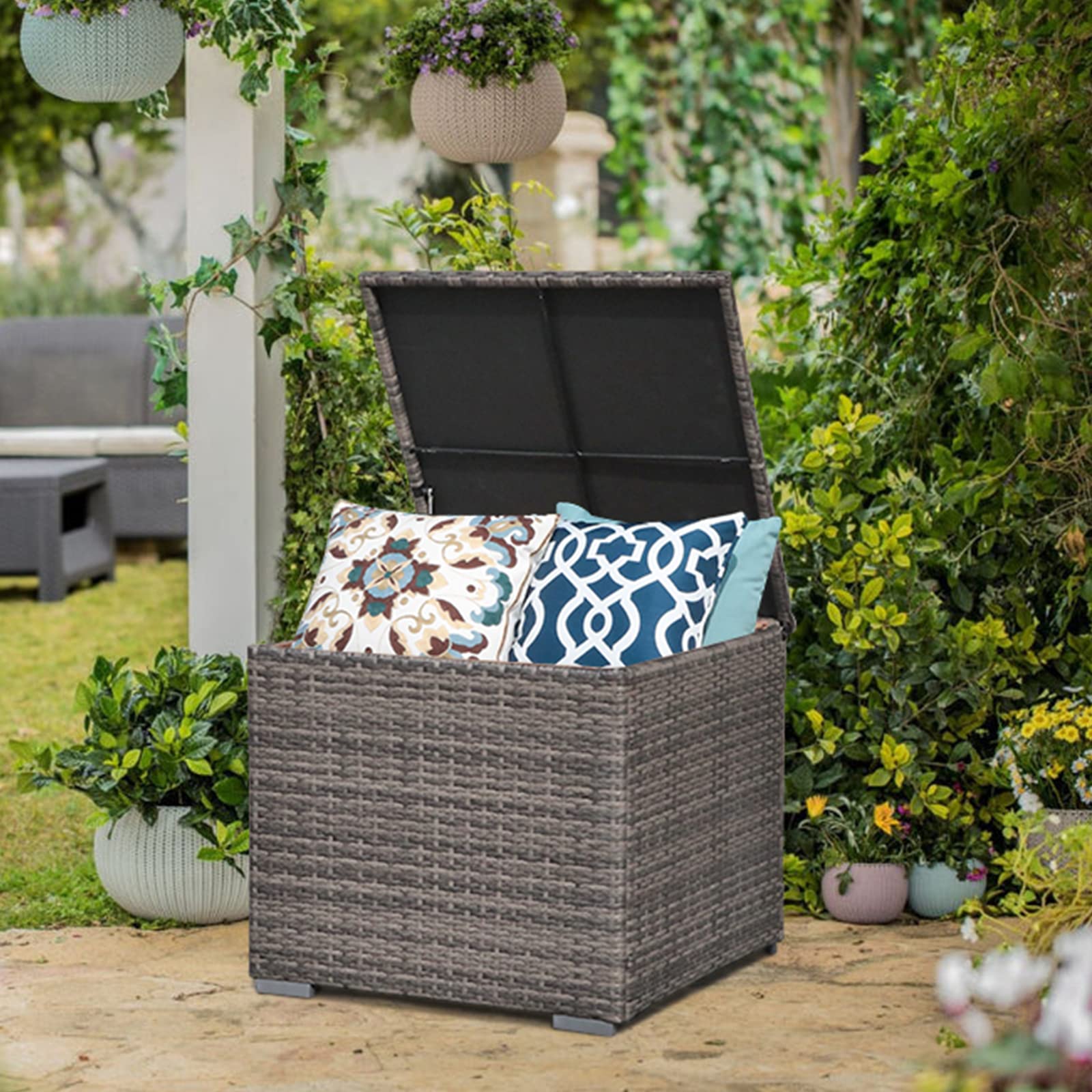 88 Gallon Waterproof Wicker Patio Storage Box - Outdoor Deck Box for Cushions, Garden Tools & Accessories | Weather-Resistant Gray Storage Bin for Backyard, Poolside & Patio Organization