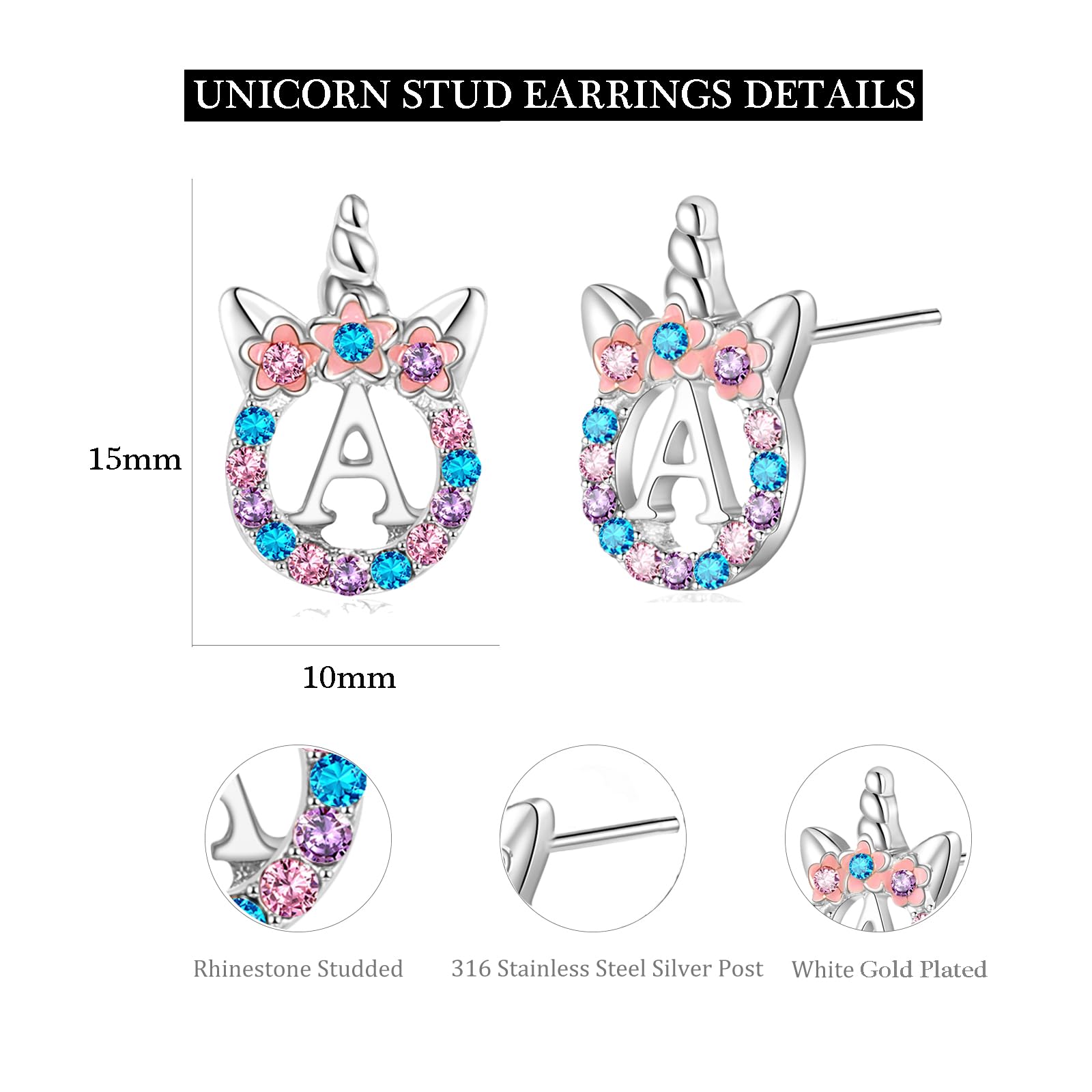 Rose Gold & Silver Initial Unicorn Stud Earrings for Girls - Hypoallergenic Rhinestone Letter Jewelry | Kids Toddler Gifts for Birthdays, Parties & Special Occasions
