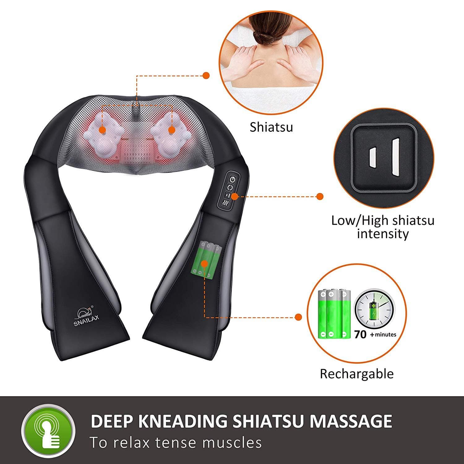 Snailax Cordless Neck and Back Massager with 3D Roller - Shiatsu Deep Tissue Massage for Shoulder Pain Relief - Perfect for Home, Office, and Car Use - Model 632NC