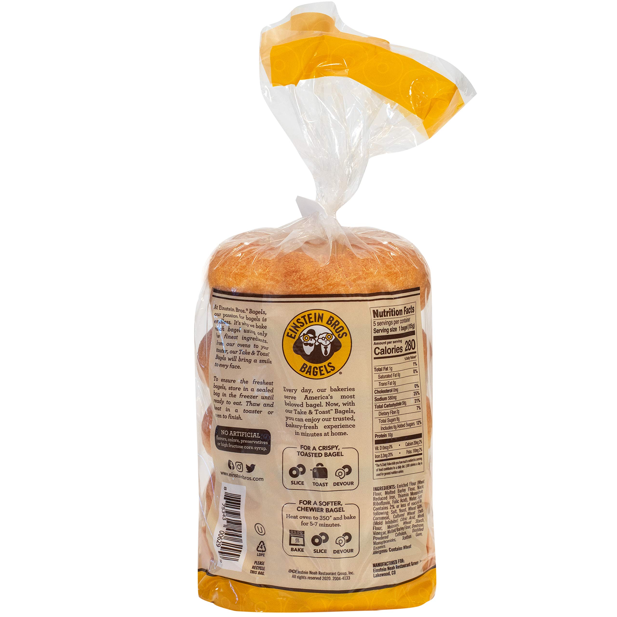 Einstein Bros. Bagels Take & Toast Plain Bagels - 18.5 oz (5 Count) - Perfect for Breakfast, Snacks & Quick Meals - Ready to Toast & Enjoy at Home or Office