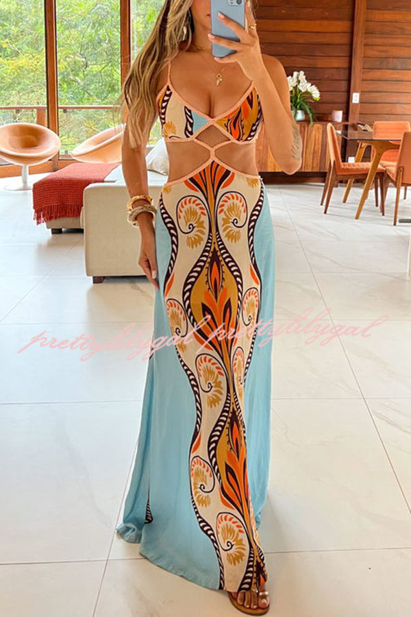 Summer Symphony Linen Blend Maxi Dress with Ethnic Print & Cutout Waist - Back Tie Design for Beach Vacations, Date Nights & Summer Parties