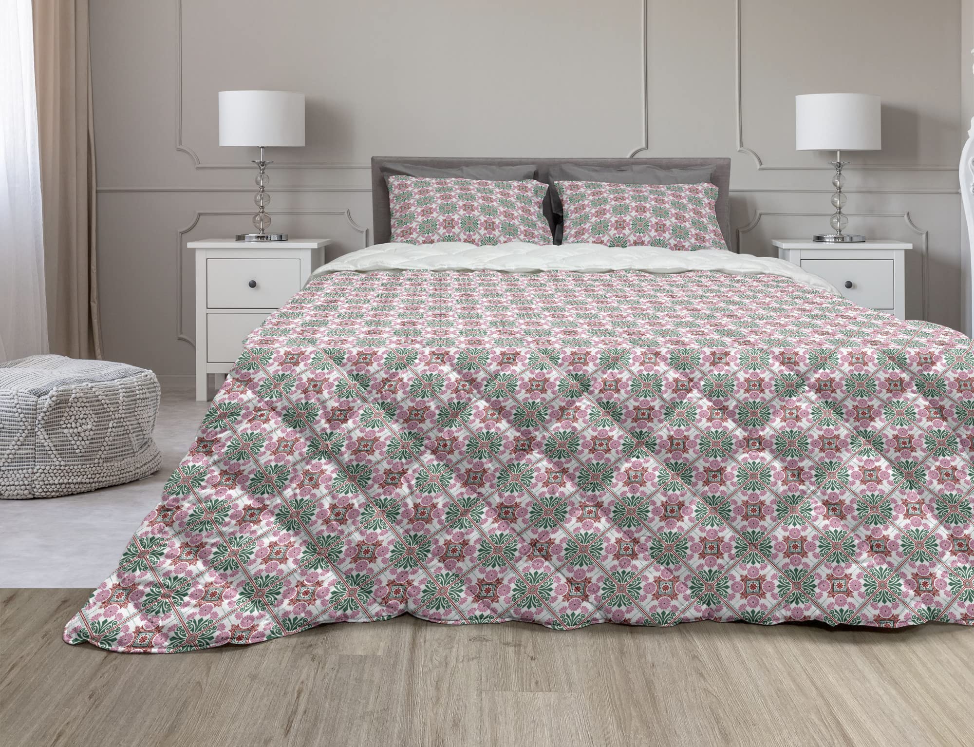Ambesonne Bohemian Comforter Set - 3 Piece Ethnic Moroccan Duvet Cover with Mosaic Tile & Floral Design, Full Size Microfiber Bedding in Pale Pink & Red | Perfect for Boho Chic Bedrooms, Guest Rooms & Dorm Decor