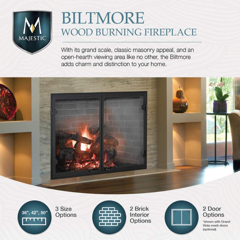 Majestic Biltmore 50-Inch Wood Burning Fireplace - SB100 & SB100HB Models | Classic Radiant Heater for Living Room, Patio & Cabin Warmth