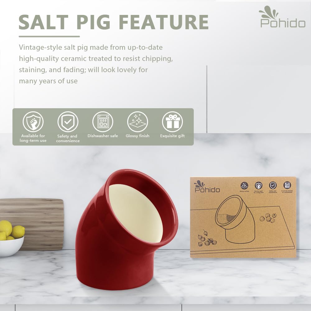 Modern Minimalist Ceramic Salt Pig - Dishwasher Safe Salt Cellar with Wide Opening for Easy Seasoning Access | Stylish Countertop Salt Holder in Red | Perfect for Kitchen, Dining Table & Cooking Stations