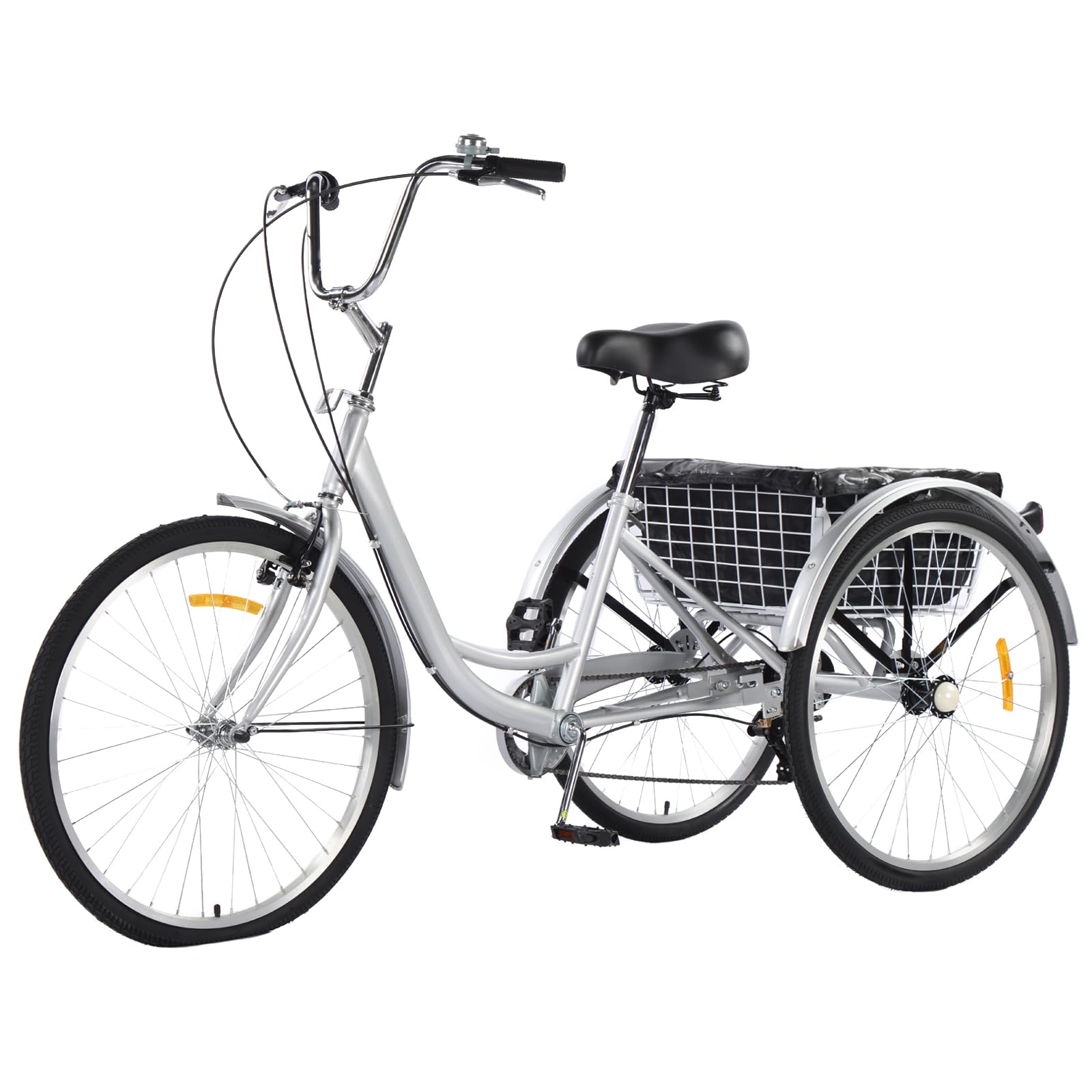 GARVEE 24 Inch 3 Wheel Bikes for Adults - 7 Speed Adult Tricycle with Dual Chain, Rear Basket & Storage Bag - Comfortable Trike for Women, Men & Seniors - Perfect for Shopping, Beach Rides & City Commuting (Grey)