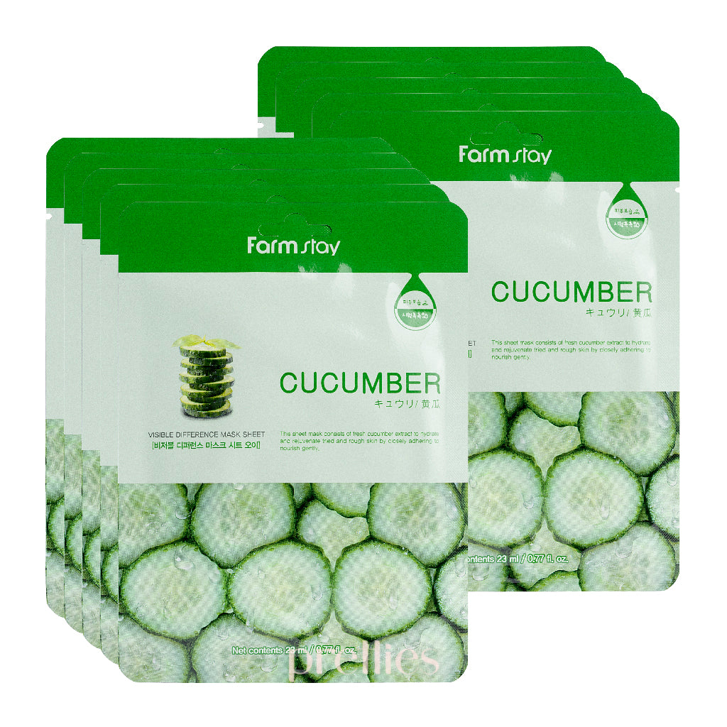 Farmstay Visible Difference Cucumber Mask Sheet - Hydrating & Soothing Facial Sheet Mask (10 Pack) - Korean Skincare for Dry Skin - Perfect for Spa Day & Self Care Routine