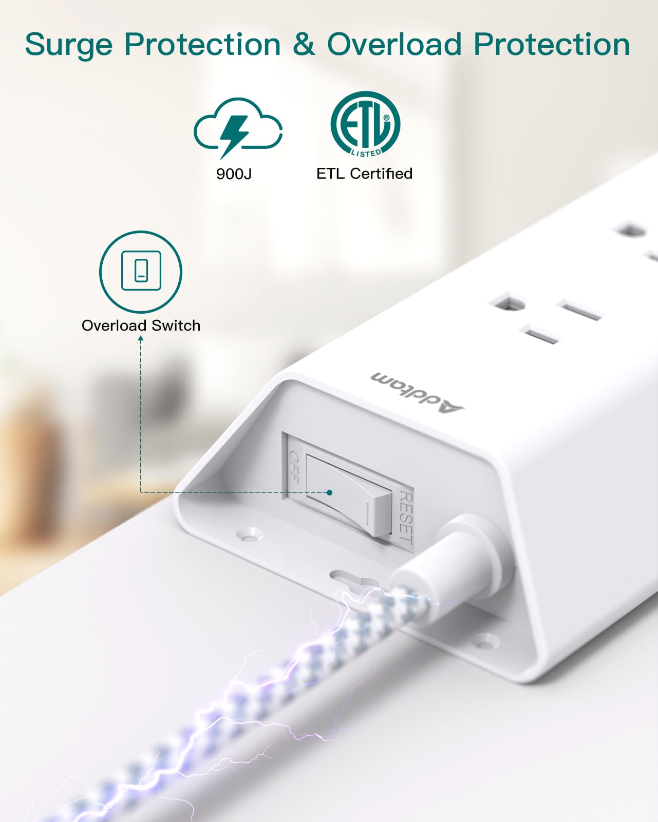 Addtam 10 ft Surge Protector Power Strip with 4 USB Ports (2 USB-C) & 9 Outlets - Flat Plug Extension Cord for Home Office, Dorm Room, Desk Charging Station | Essential for Computers, TVs, Gaming Setup & Electronics Protection