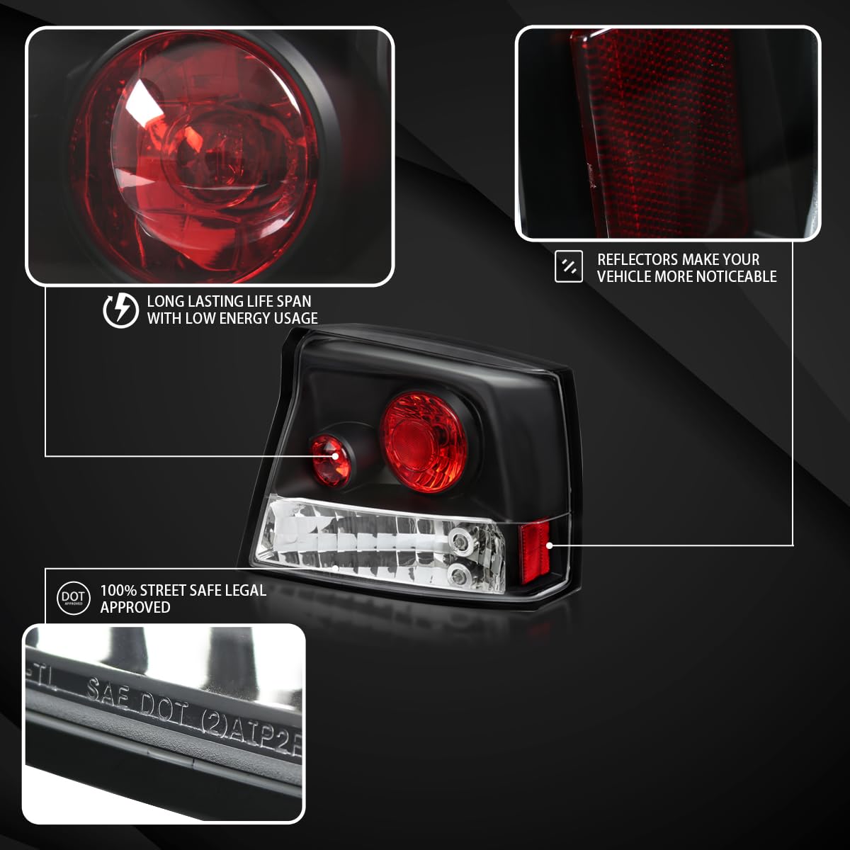 AUTOZENSATION Black Housing Clear Lens Tail Lights for 2005-2008 Dodge Charger - Left & Right Pair Assembly - Upgrade Your Car's Rear Style & Visibility for Night Driving