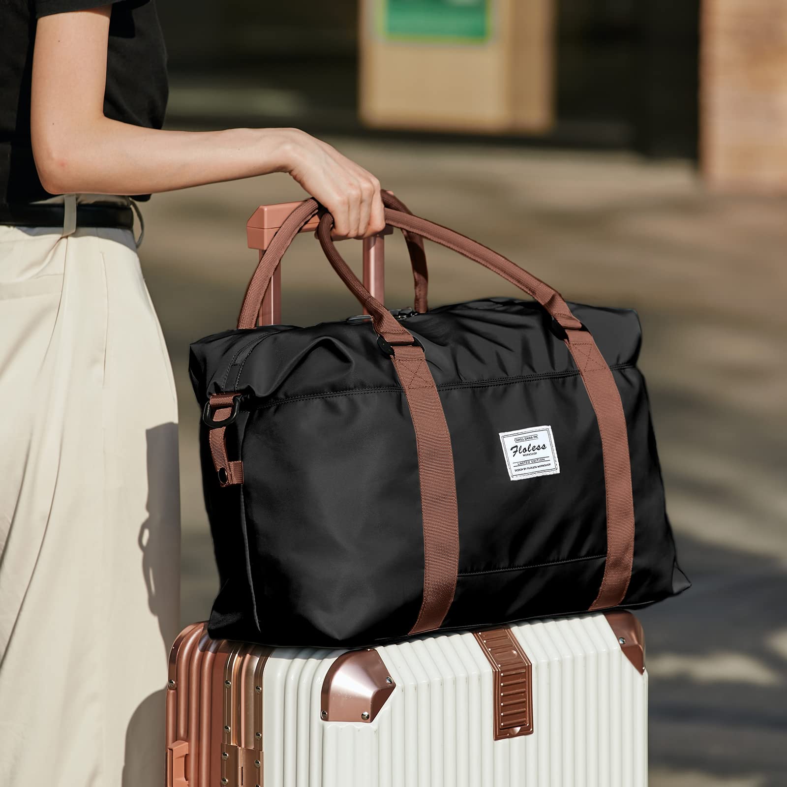Large Sport Travel Duffle Bag for Women - Waterproof Gym Tote, Weekender Carry On Bag for Airplane, Beach & Overnight Trips - Perfect for Hospital Visits, Workouts & Travel - Includes Wet Bag (A11-Black Brown)