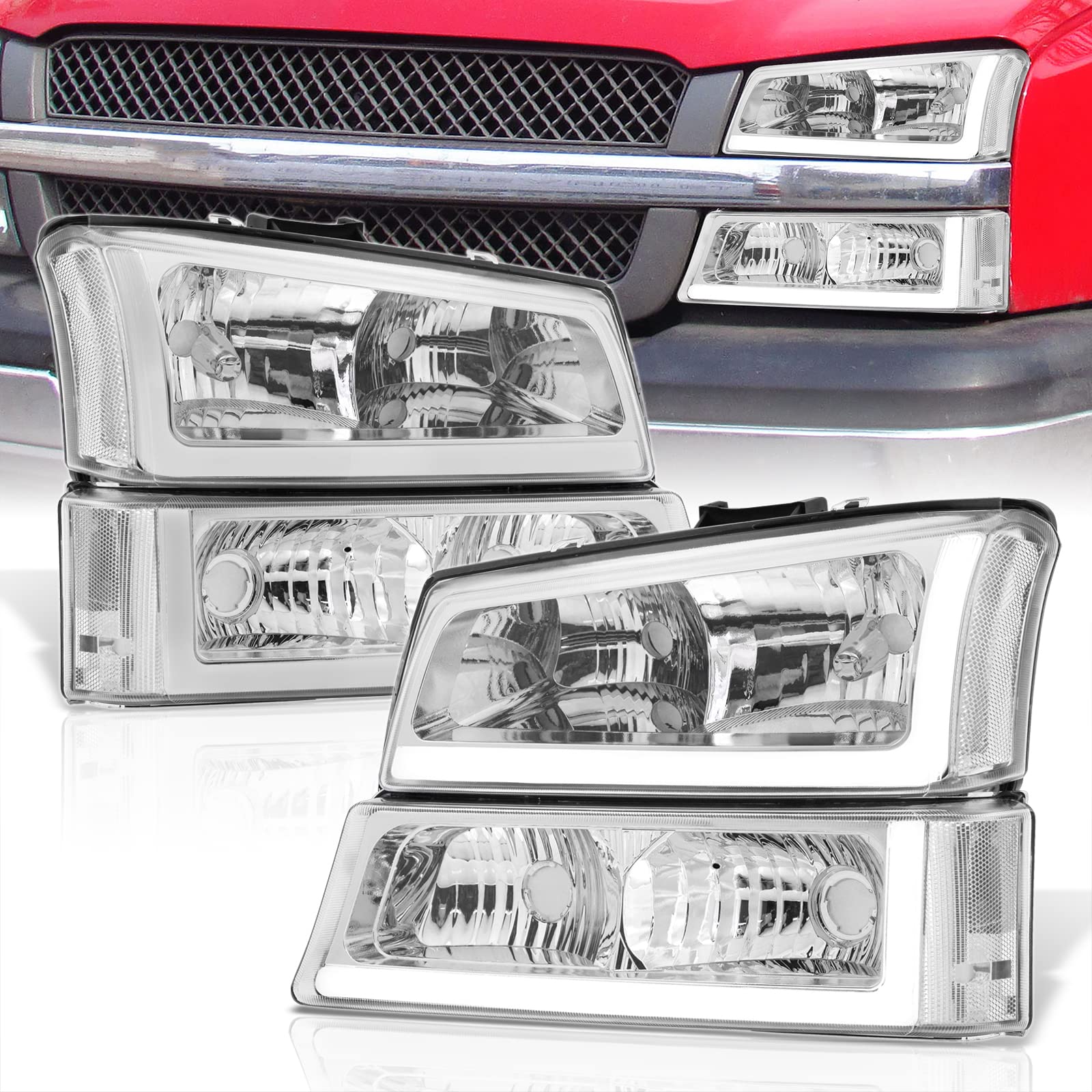 AJP Distributors LED DRL Chrome Housing Clear Lens Reflector Headlights for Chevy Silverado 2003-2007 - Replacement Driving Lamps Assembly with Signal Lights (Pair) - Perfect for Off-Roading & Night Driving