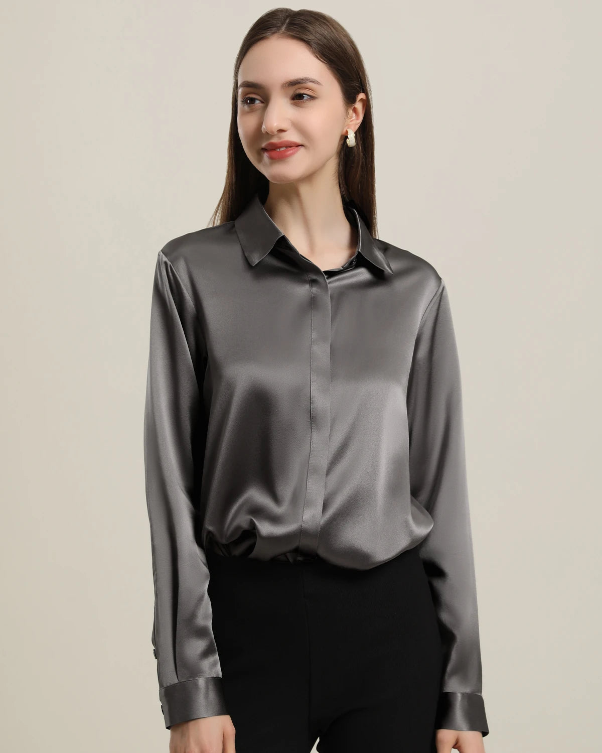 Women's Basic Concealed Silk Shirt - Soft & Breathable Blouse for Work, Office & Formal Occasions | Elegant Layering Piece for Professional Wardrobe
