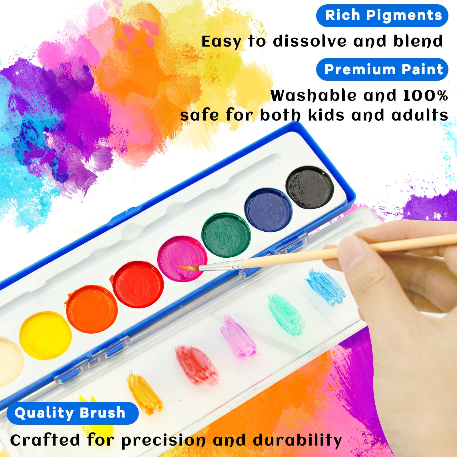36 Pack Kids Watercolor Paint Set - 8 Vibrant Washable Colors with Paintbrush | Bulk Art Supplies for Classroom, Birthday Party Favors & Creative Painting Activities