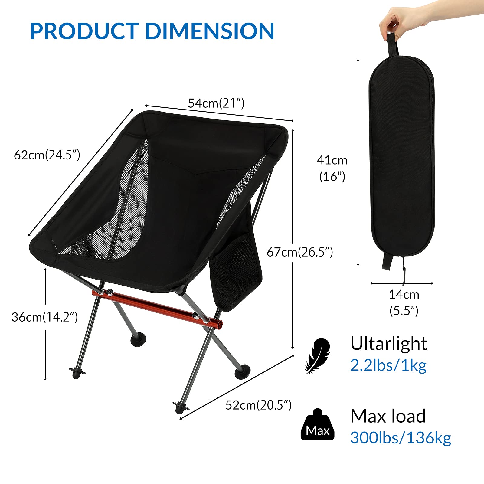 Ultralight Portable Camping Chair - Aviation Aluminum Frame Compact Folding Chair with 300lbs Capacity, Wide Feet & Storage Bag - Perfect for Outdoor Camping, Hiking, Beach, Picnic, BBQ, Backyard & Lawn Activities (Black)