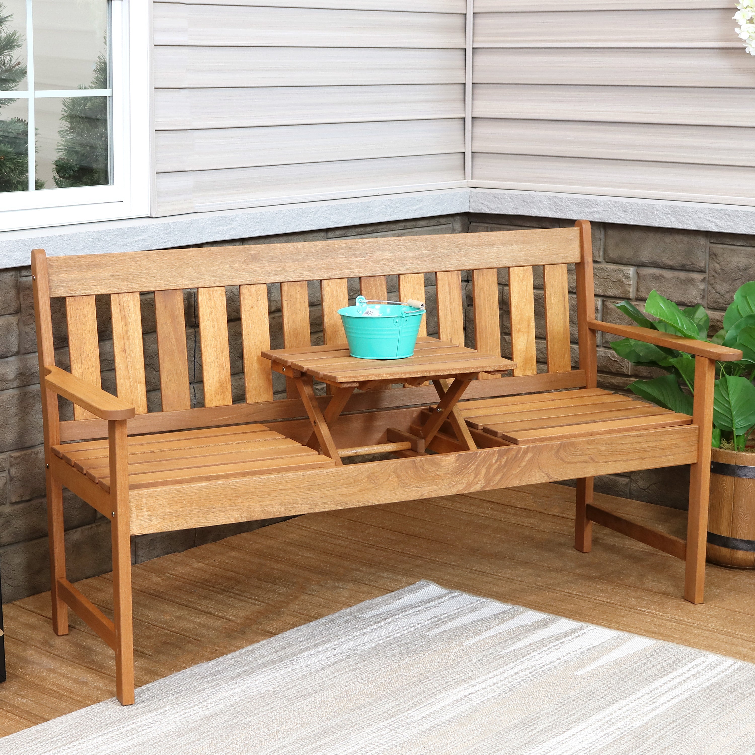 Premium Sunnydaze Meranti Wood Outdoor Bench with Teak Oil Finish - Durable Patio Seating for Garden, Deck, or Porch