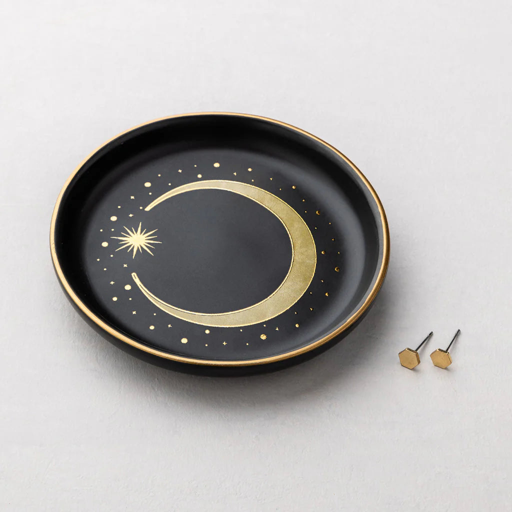 Elegant Crescent Moon Dish & Gold Hoop Earrings Set - Perfect for Home Decor, Jewelry Gifts & Boho Style Accessories