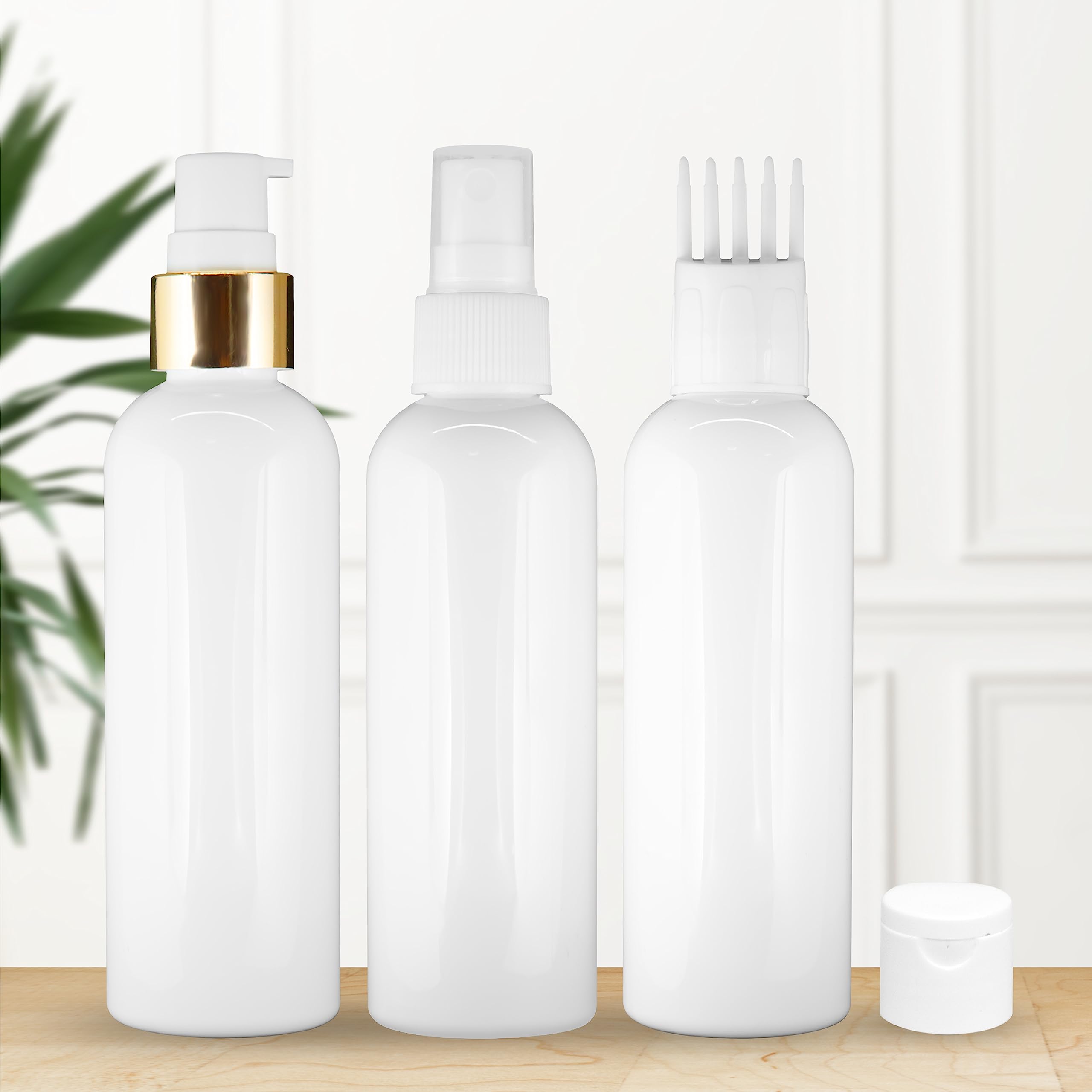 Refillable 3-Piece Cylindrical Bottle Set with Pump Dispenser, Spray Atomizer & Root Comb - Durable White Containers for Perfume, Liquids, Shampoo & Body Soap - Perfect for Travel, Salon & Home Organization