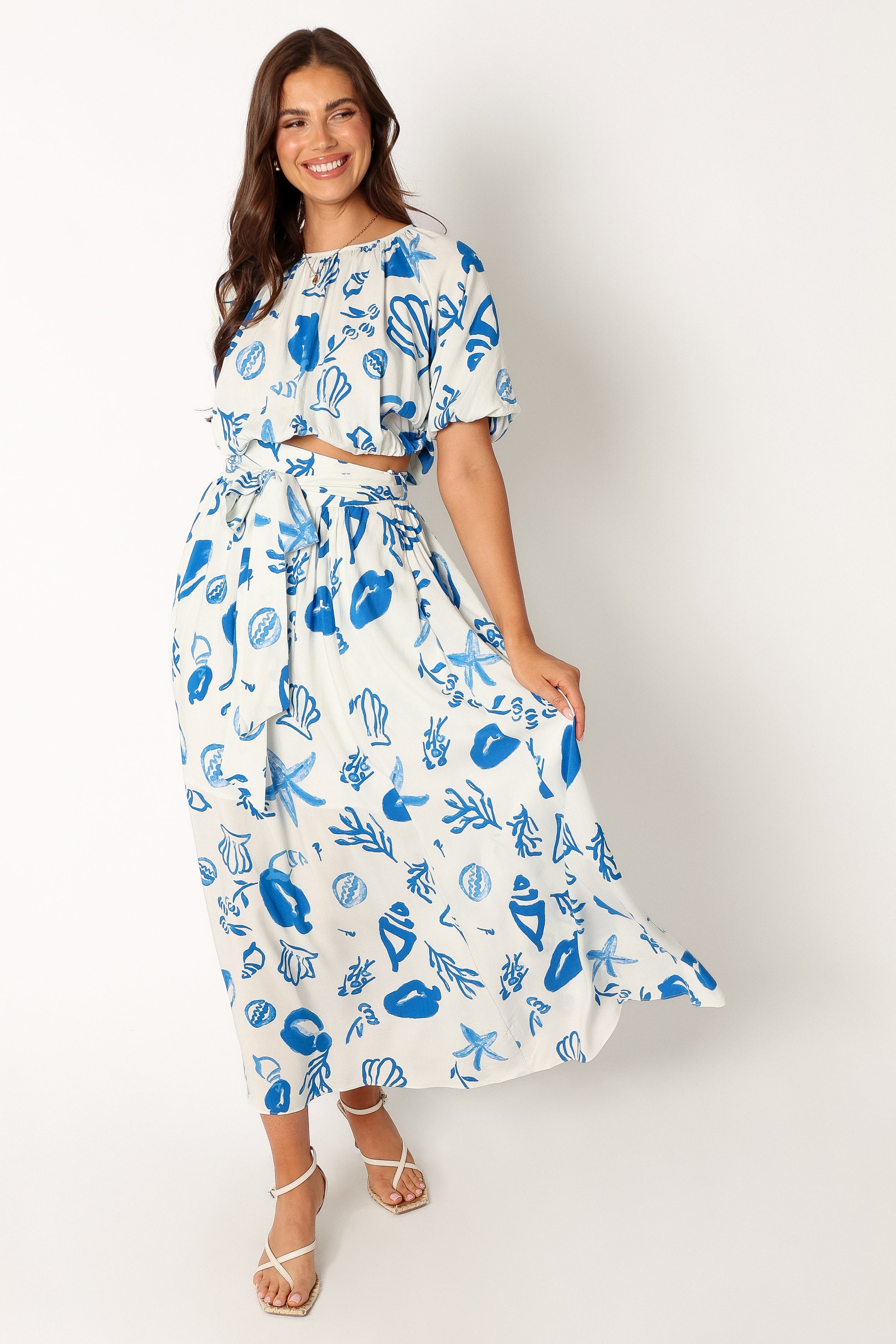 Delilah Skirt Set for Women - White & Blue Floral Print Summer Outfit | Perfect for Beach Vacations, Brunch Dates & Casual Day Out
