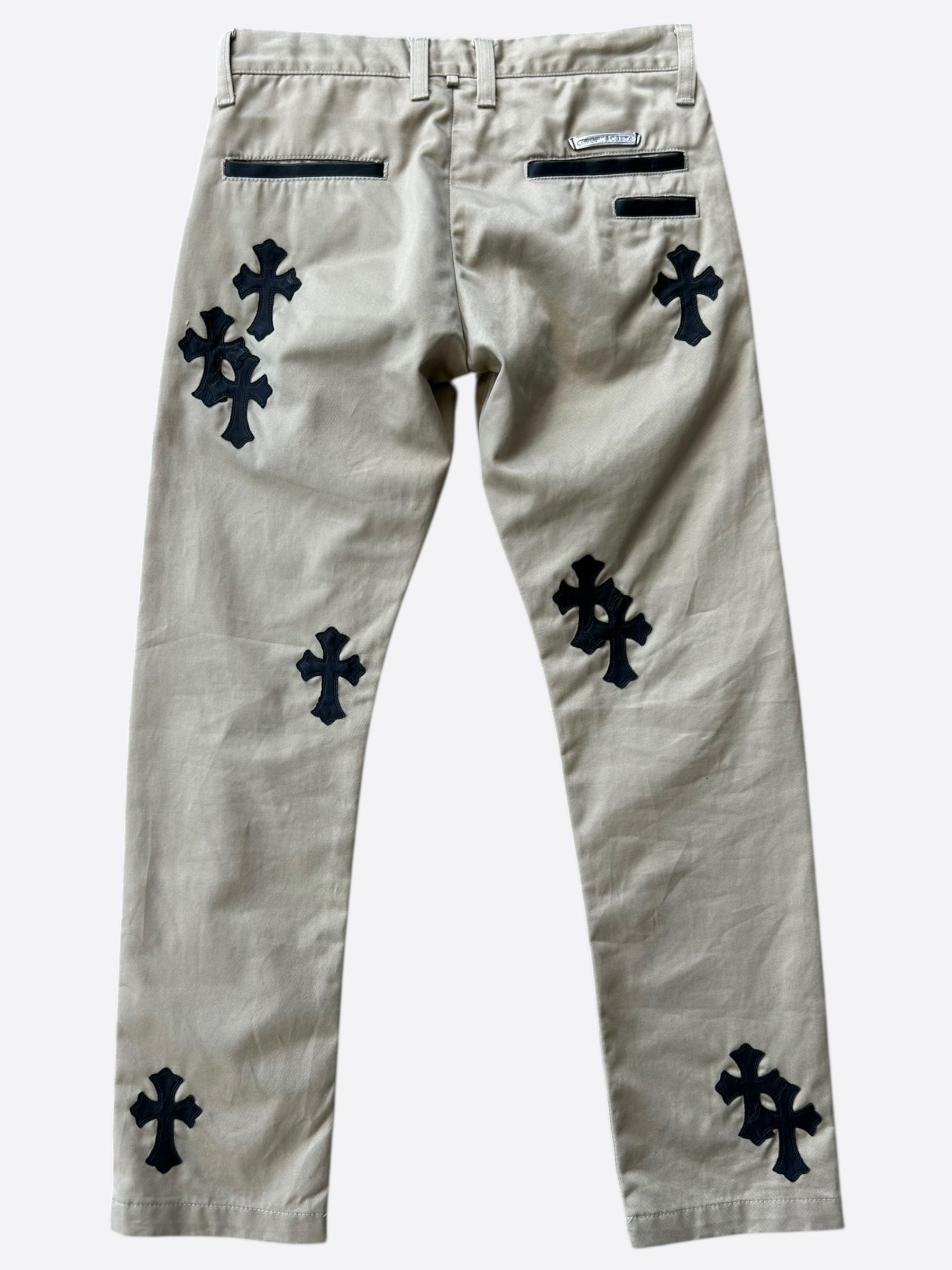 Chrome Hearts Beige Black Cross Patch Chinos Pants - Stylish Gothic Streetwear for Men | Perfect for Casual Outfits, Concerts, and Night Out