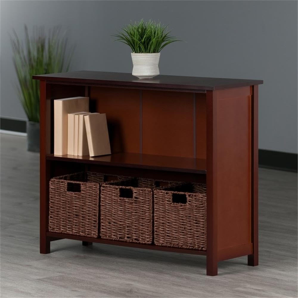 Winsome Wood Milan 4-Piece Storage Shelf with 3 Foldable Woven Baskets in Walnut Finish - Space-Saving Organizer for Bedroom, Bathroom, or Office