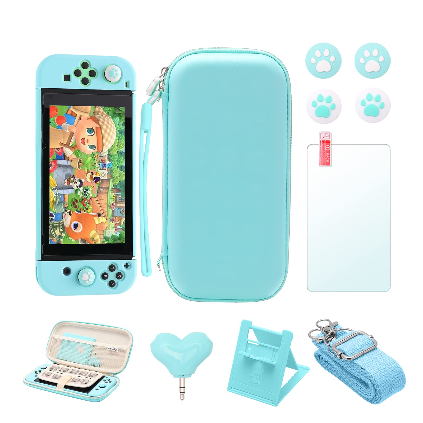 **Premium Animal Crossing Nintendo Switch Case Bundle - Protective Cover, Thumb Grips, Headphone Adapter, Stand, Screen Protector, Wrist & Shoulder Strap (Blue) - Perfect for Gaming On-The-Go & Travel**