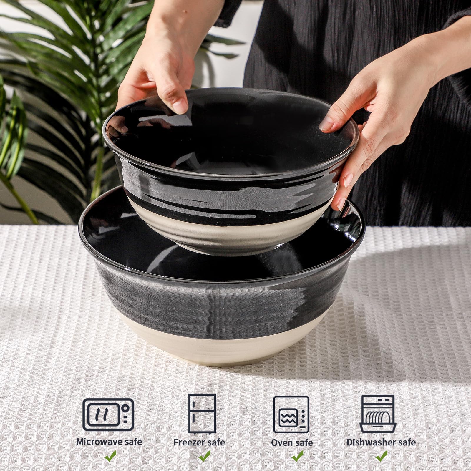 Hasense 2-Piece Large Porcelain Mixing Bowl Set - 2.1 Qt & 1.5 Qt Kitchen Mixing Bowls for Baking, Cooking, Salad Prep - Microwave & Dishwasher Safe Nesting Serving Bowls - Perfect for Meal Prep, Entertaining & Family Dinners - Black