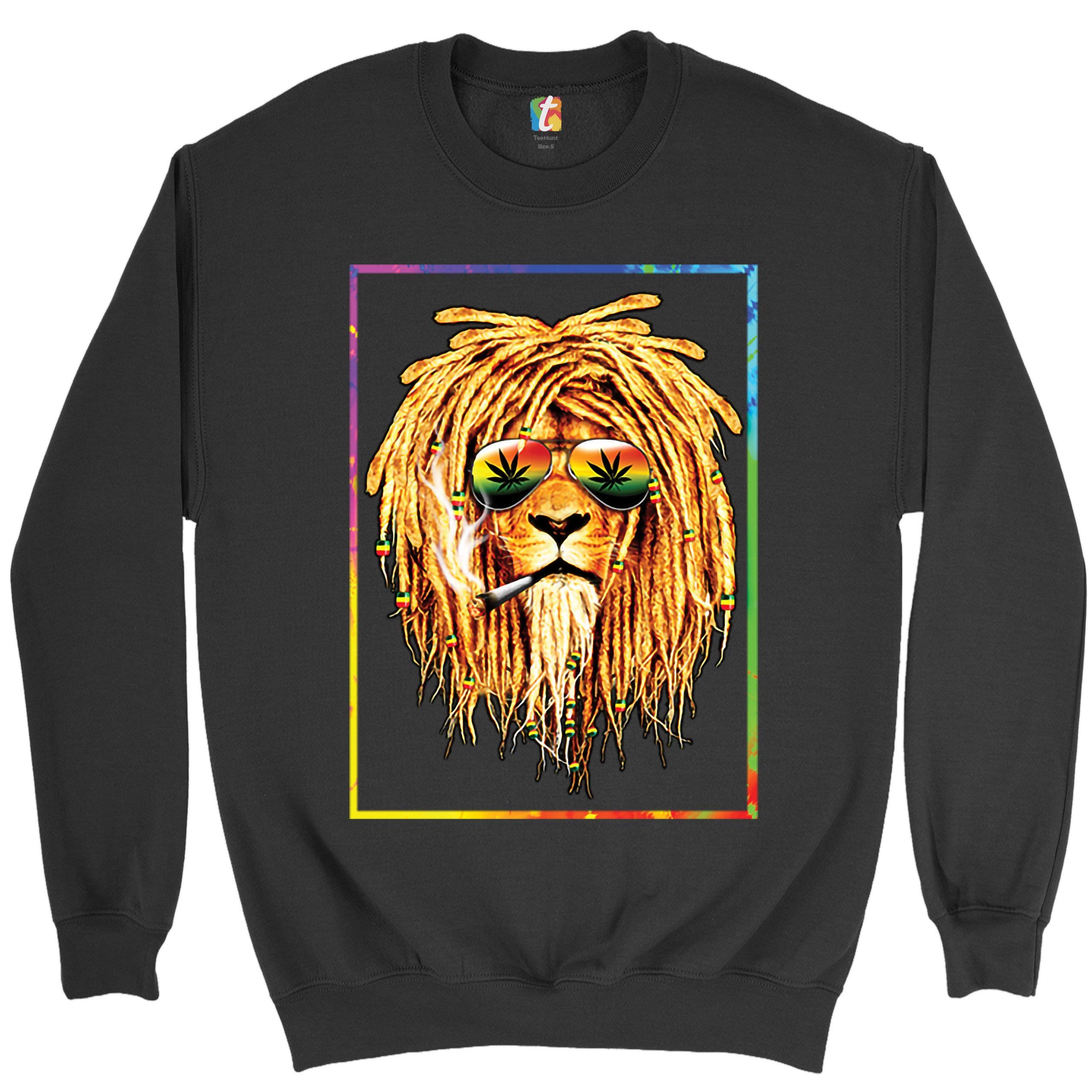 Rasta Lion with Sunglasses 420 Cannabis Sweatshirt - Cool Bob Marley Inspired Crewneck for Stoner, Reggae & Music Festival Outfits