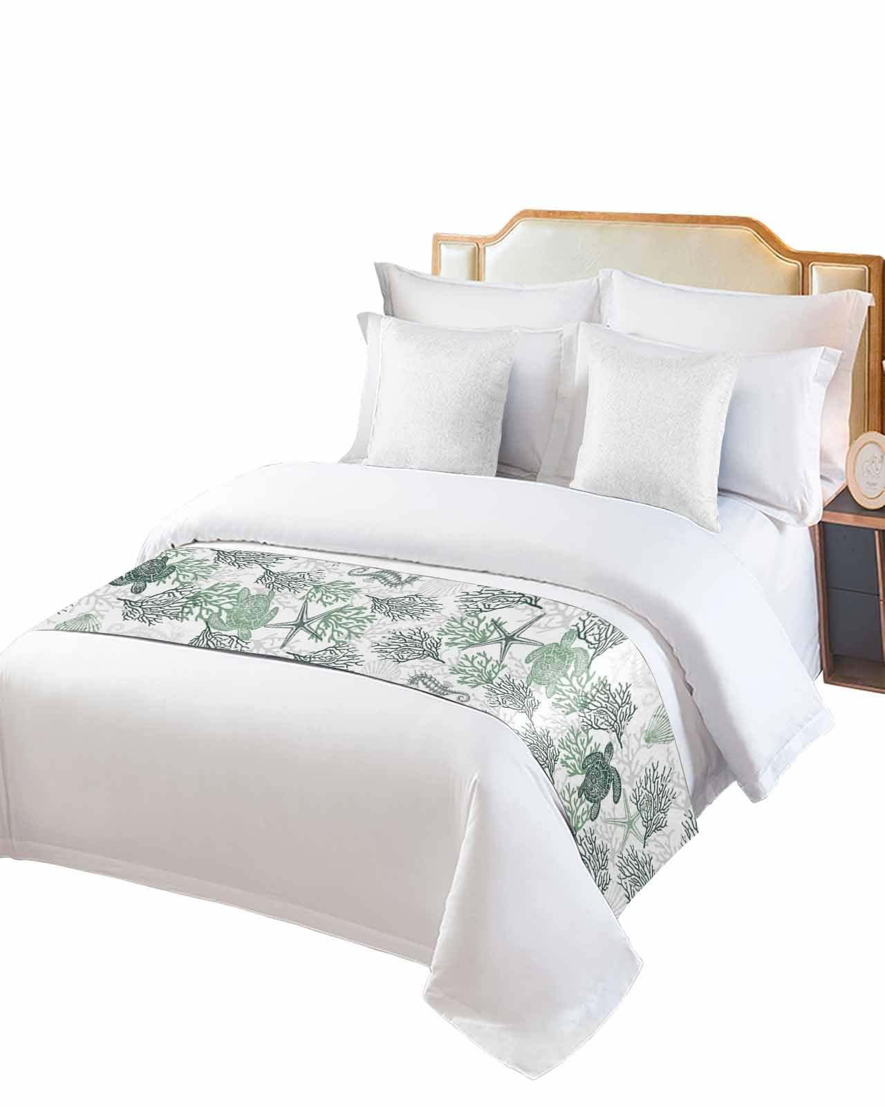 Elegant Sage Green Coastal Bed Runner for Queen Size Beds - 83 x 20 Inch Nautical Sea Turtle Design Summer Beach Throw - Perfect for Hotels, Bedroom Decor & Foot of Bed Protection