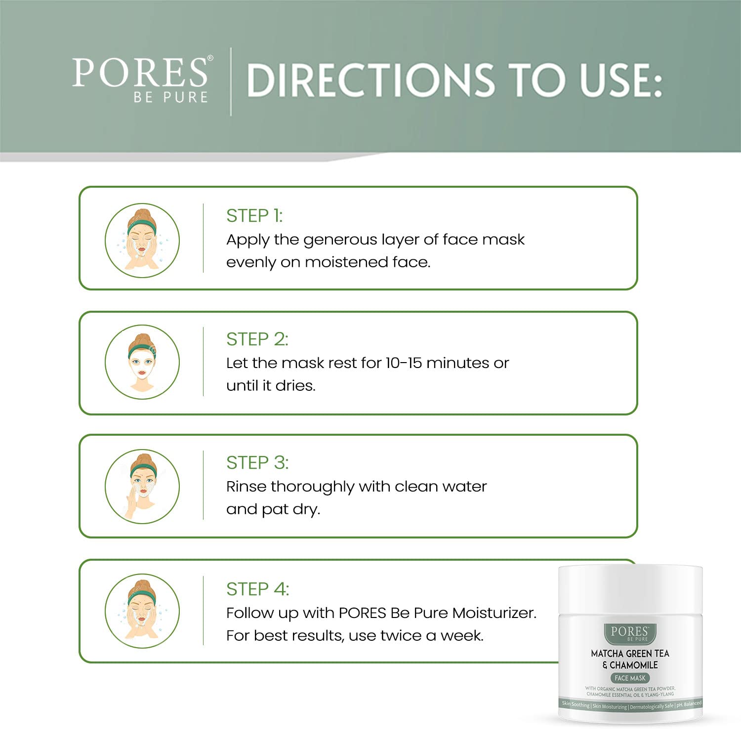 Pores Be Pure Matcha Green Tea & Chamomile Face Mask - 100g pH Balanced Facial Treatment for Glowing, Soothing & Moisturizing Skin | Unisex Skincare | Perfect for Daily Use, Spa Days & Relaxation