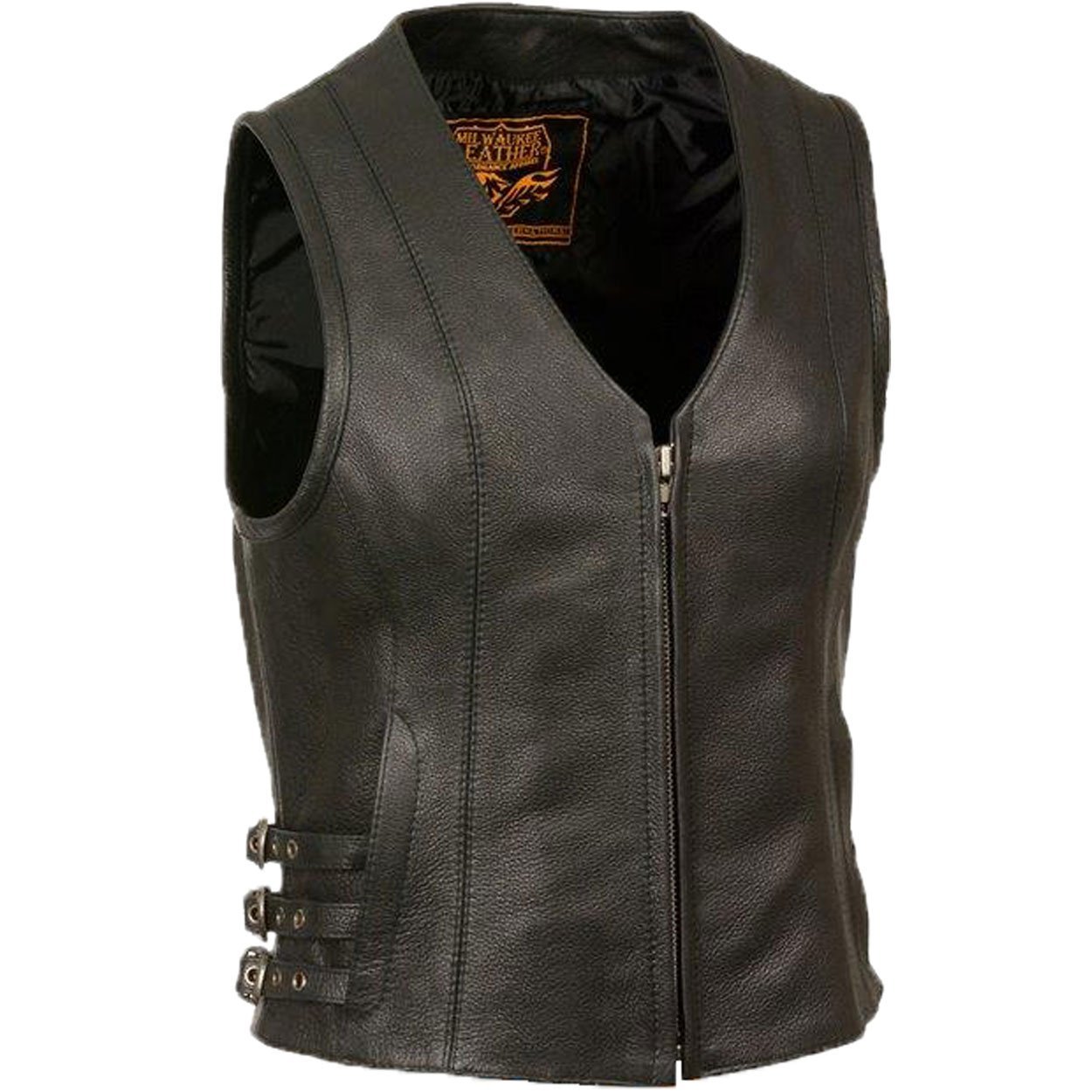 Milwaukee Leather Women's Vest - Black V-Neck Front Zipper & Adjustable Side Belts | Fashionable Biker Jacket for Motorcycle Riding, Outdoor Adventures & Casual Wear