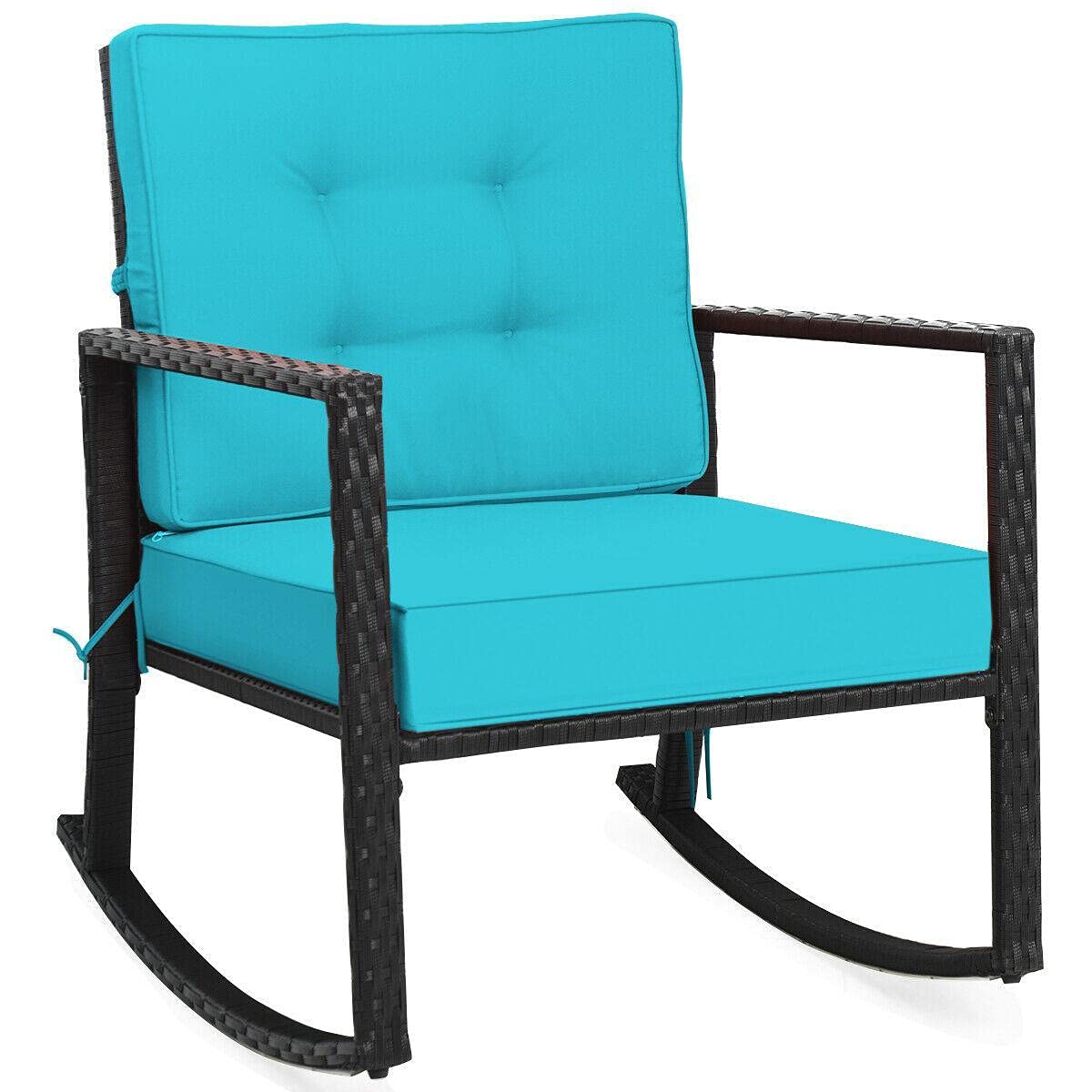 **Outdoor Rattan Rocking Chair with Turquoise Cushion - Patio Glider Wicker Rocker for Garden, Porch, or Camping - Comfortable Mikalo Chair for Relaxing & Lounging**