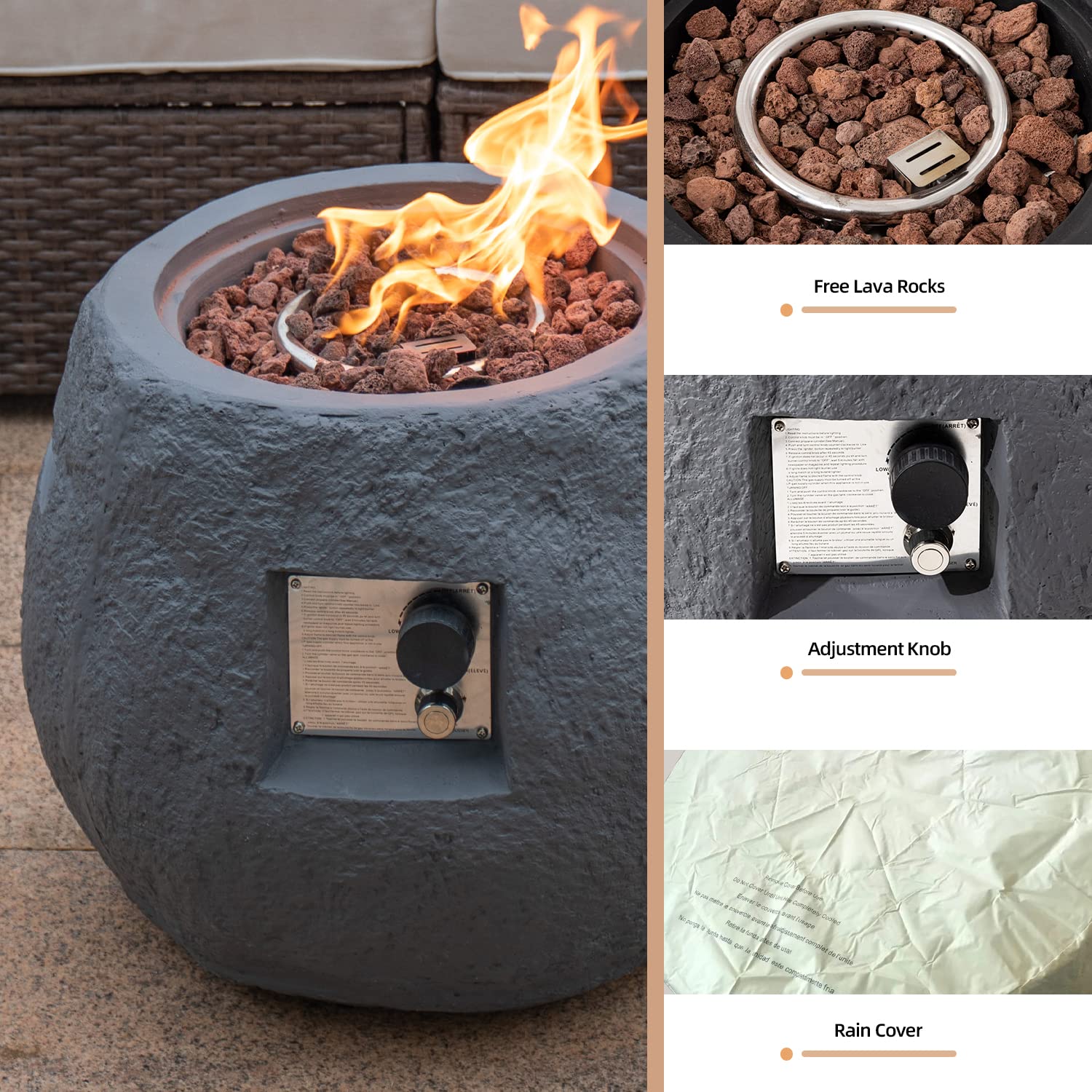 Modern Jar Shaped Propane Fire Pit Table - 40,000 BTU Outdoor Concrete Fire Table with Lava Rocks & Rain Cover - 2-in-1 Patio Side Table for Garden, Backyard & Poolside Gatherings