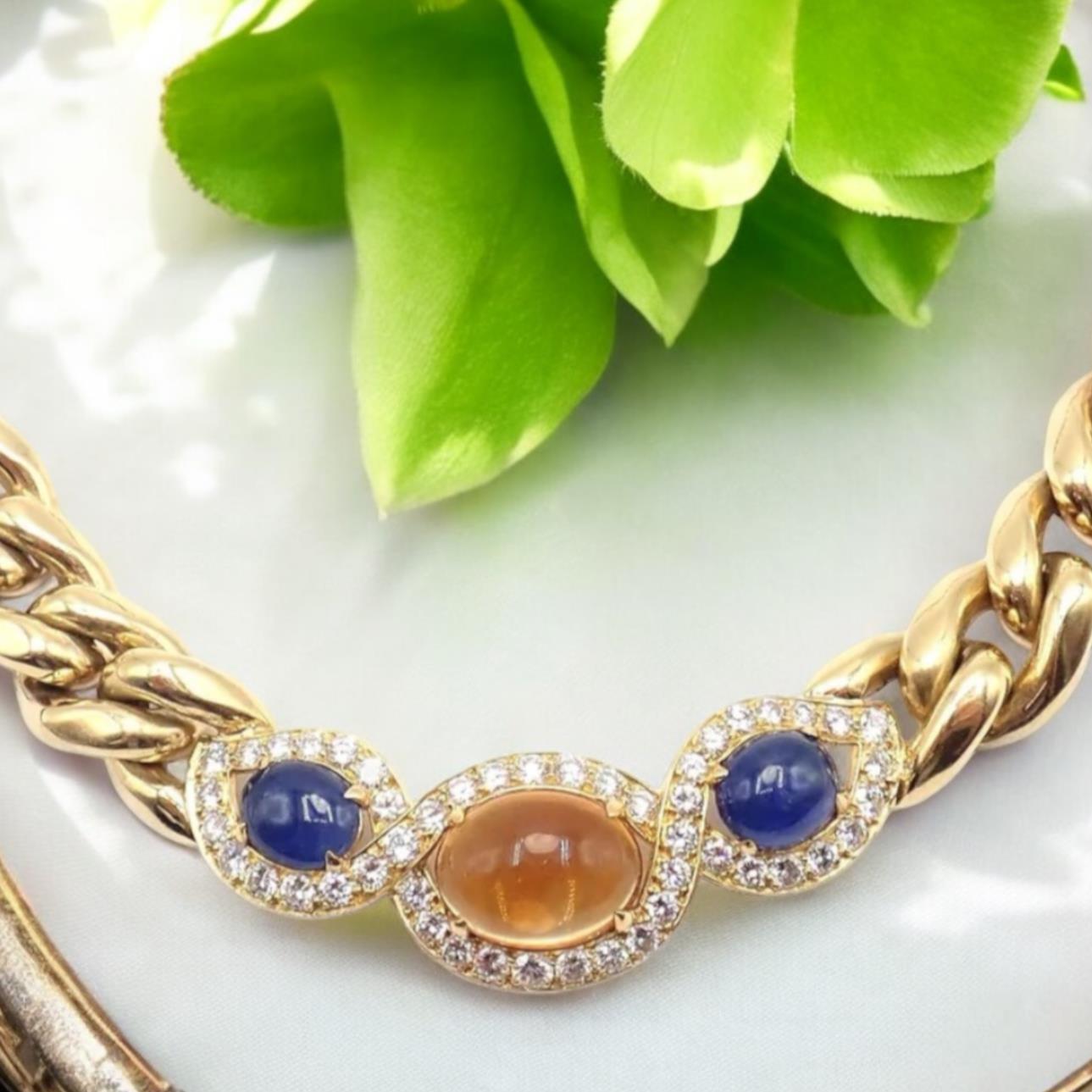 Bvlgari Bulgari 18k Yellow Gold Diamond Citrine Sapphire Link Necklace - Luxury Italian Jewelry for Women, Perfect for Weddings, Parties & Special Occasions