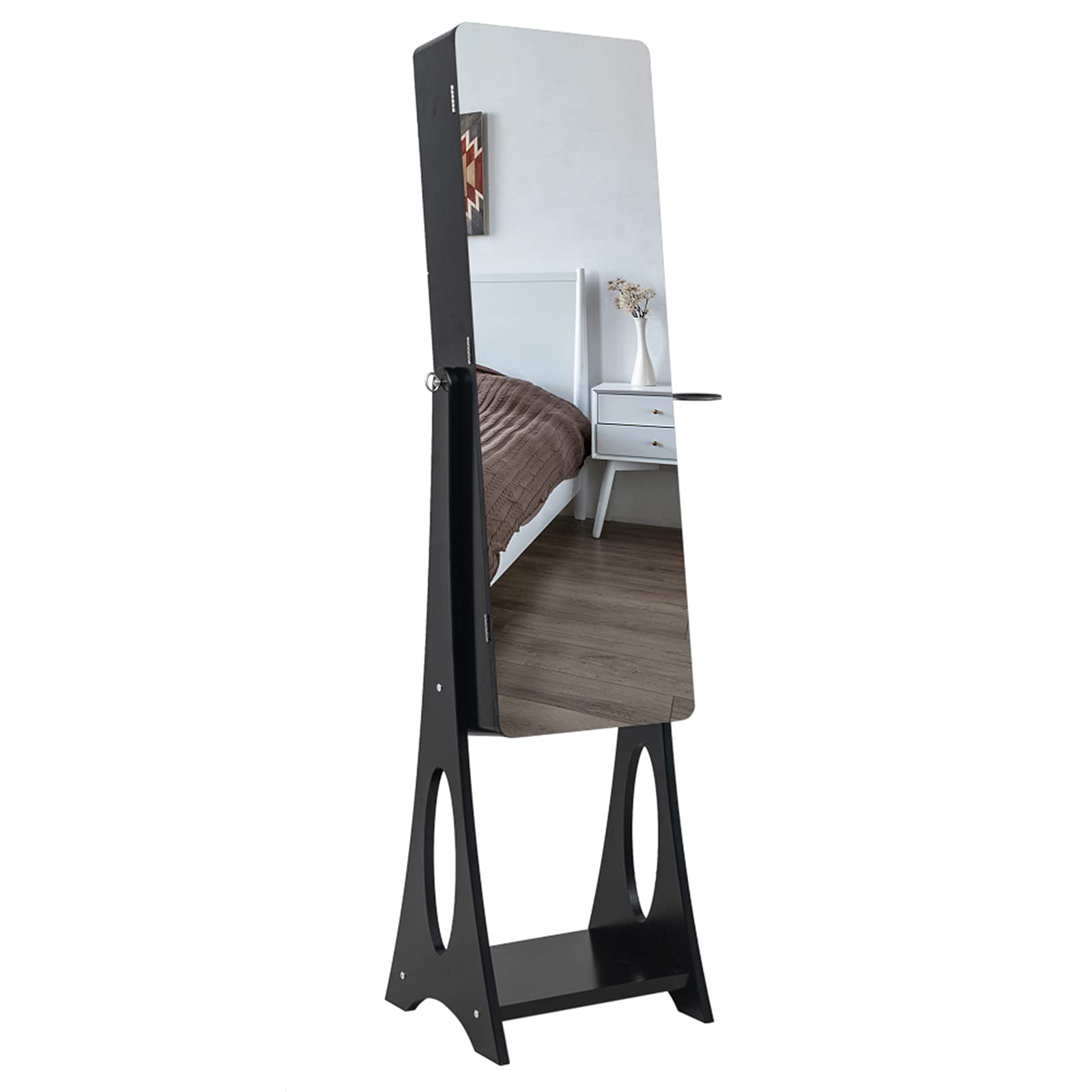 Full-Length Mirror with 2-Tier Wooden Shelf, 6 Drawers & LED Lights - Black | Adjustable Arc Mirror Cabinet with Jewelry Storage, Hair Dryer Rack & 17-Hole Brush Stand | Perfect for Bedroom, Dressing Room & Beauty Salon Organization