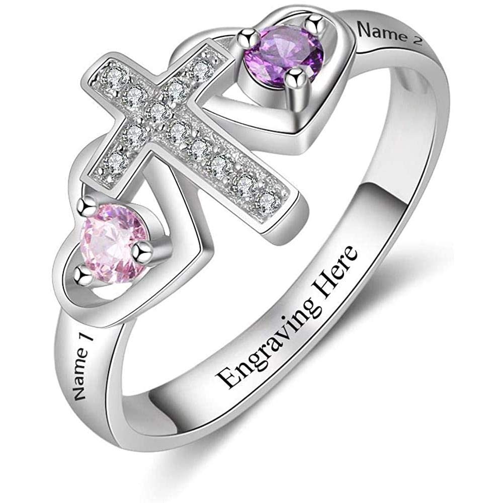Personalized Promise Ring for Women - Custom Engraved Name Sterling Silver Ring with 2 Birthstones & Cross Charm - Perfect for Anniversaries, Engagements & Special Gifts (01 Silver)