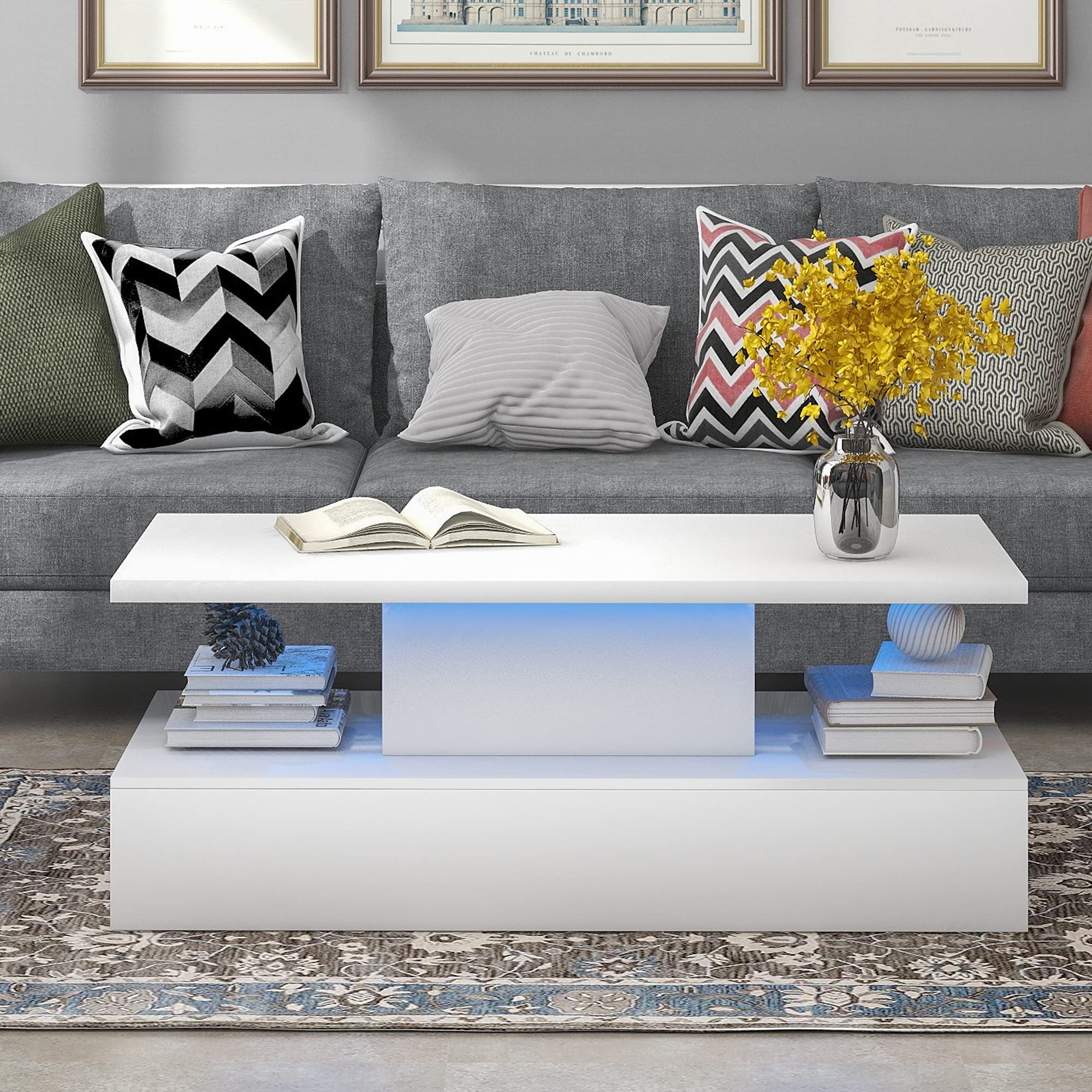 16-Color LED Coffee Table with Modern Industrial Design - 2-Tier Rectangle Cocktail Table, Easy to Clean & Assemble - Perfect for Living Room, Game Room, and Home Theater Lighting