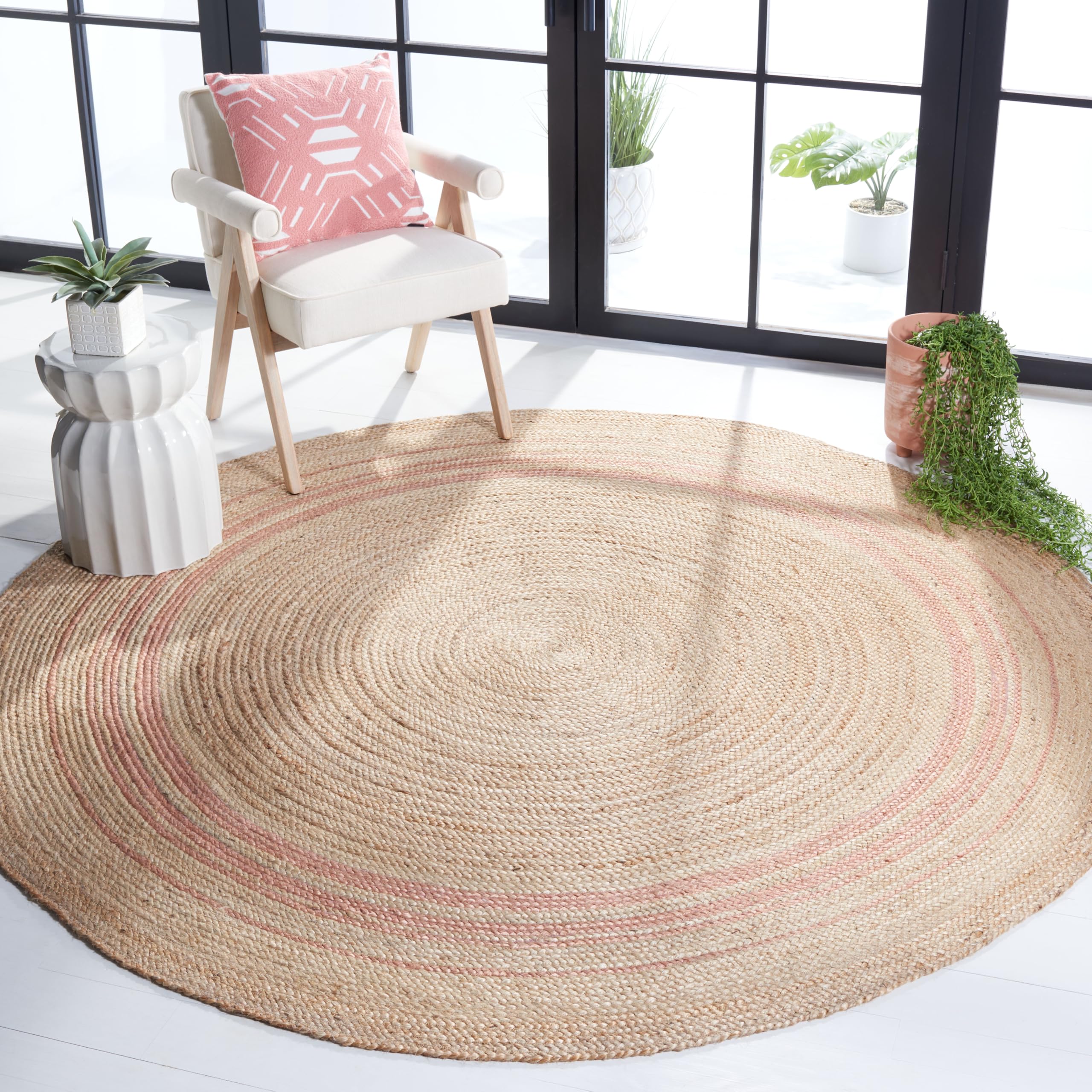 SAFAVIEH Handmade Boho Braided Jute Area Rug - 7' Round Natural Fiber Pink NF807U for Living Room, Bedroom & Boho Home Decor
