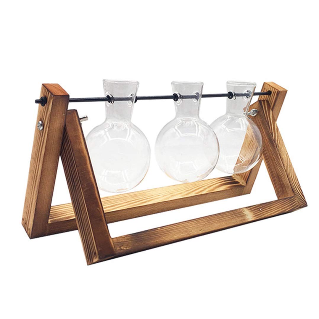 Retro Wooden Stand for Plant Terrarium - Desktop Glass Planter Bulb Vase with Metal Swivel Holder | Hydroponics Plants Display for Home, Office, Garden & Wedding Decor (3 Bottle Size) | Perfect for Indoor Greenery, Tabletop Decor & Gift Ideas