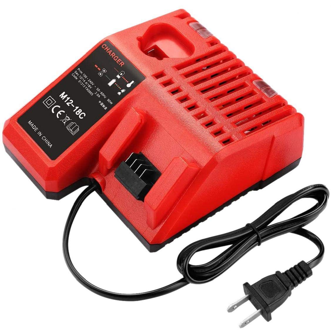 Milwaukee M12 & M18 Li-Ion Battery Charger 110-240V - Fast Charging for M12 48-11-2401/2402 & M18 48-11-1815/1828 - Power Tools Accessory for Drills, Saws & Construction Tools