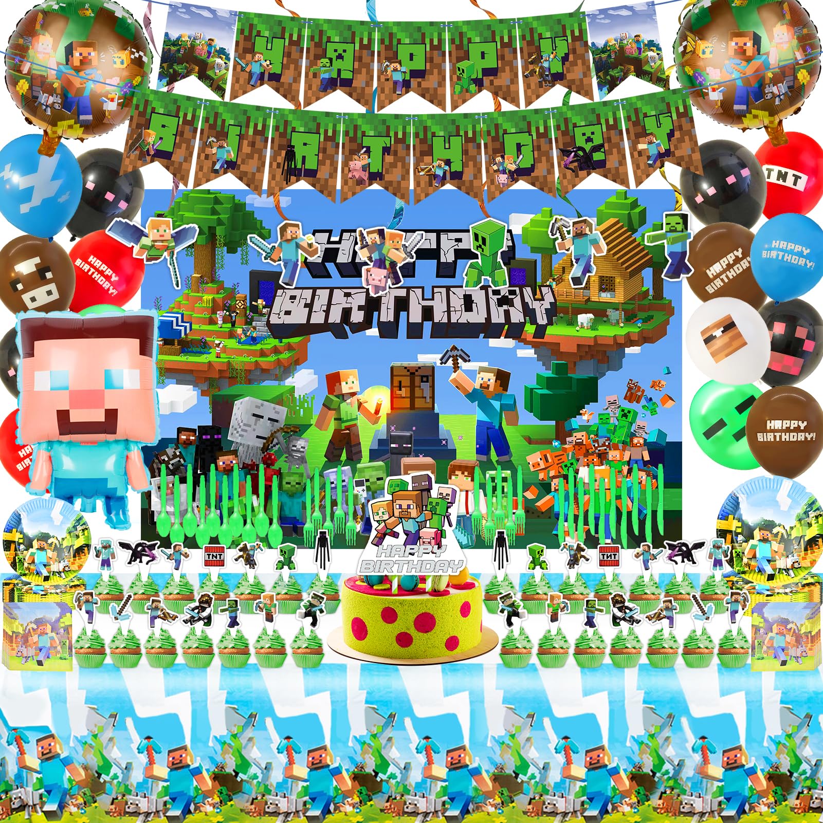 203pcs Birthday Party Decorations Kit - Includes Banner, Backdrop, Tablecloth, Cake Toppers & Balloons for Kids & Adults - Perfect for Birthday Parties, Baby Showers & Special Celebrations
