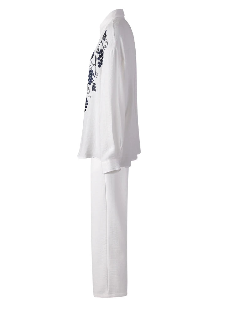 Stylish Big Size Embroidery Shirt & Wide Leg Pants 2-Piece Suit for Women | Lapel Long Sleeve Fashion Set | Trendy Spring & Autumn Outfit 2025 | Perfect for Office, Dating & Special Occasions