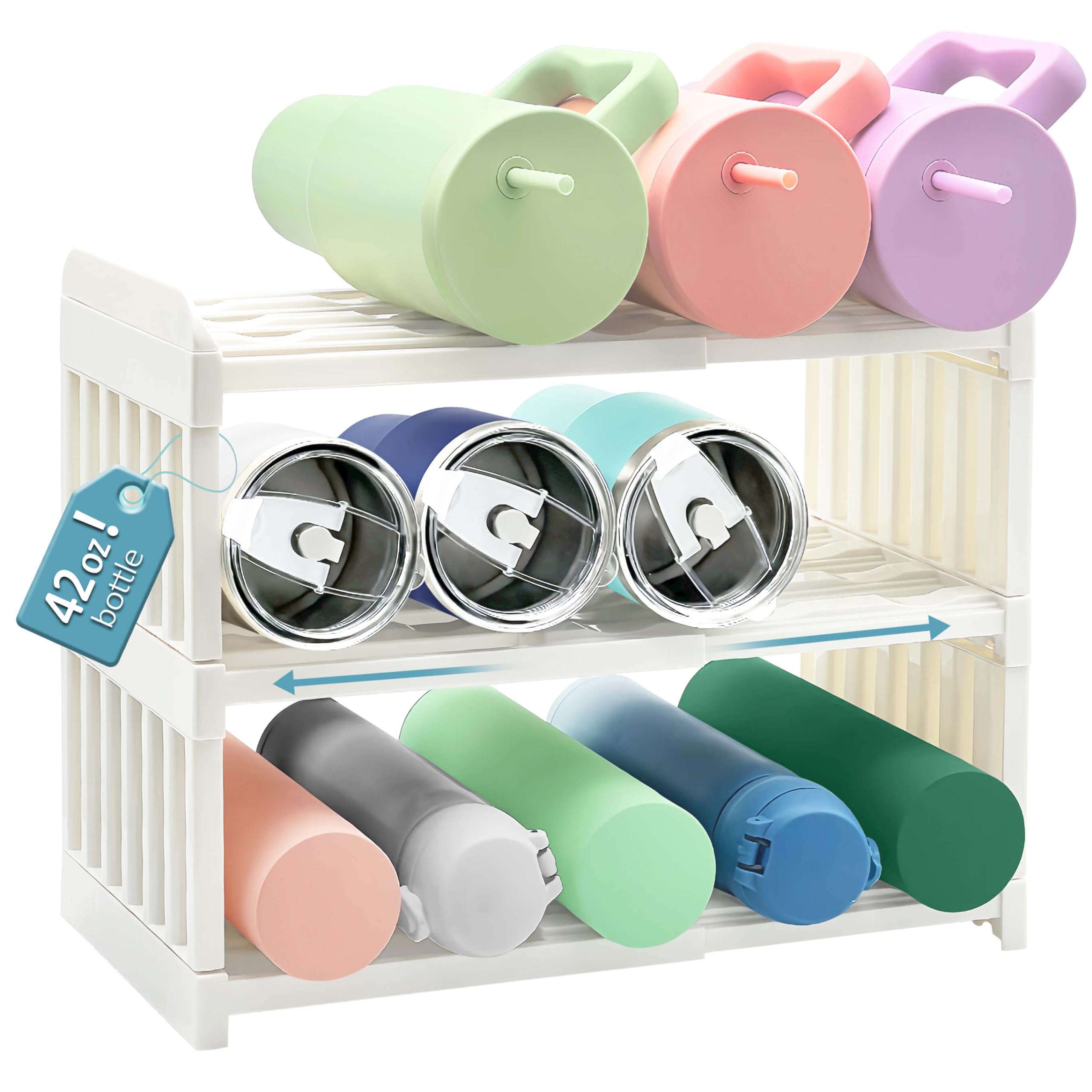 3-Tier Extendable Water Bottle Holder - Space Saving Kitchen Organizer for Tumbler, Mug & Cup Storage | Perfect for Pantry, Cupboard & Countertop Organization
