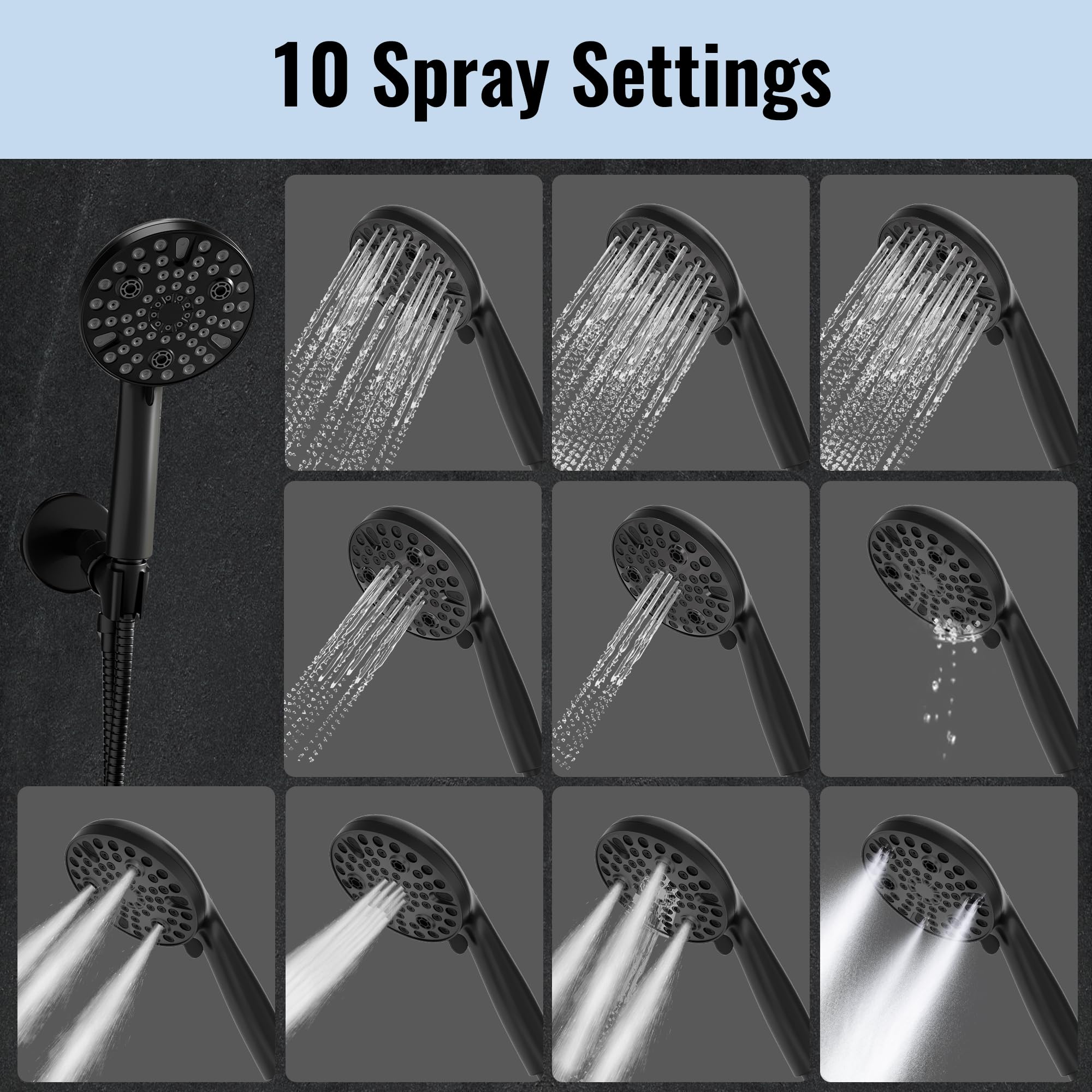 TRE Home High Pressure Shower Head with Handheld Spray - 10 Function Detachable Shower Head with Hose - Perfect for Bathroom, Spa & Pet Washing (Black)